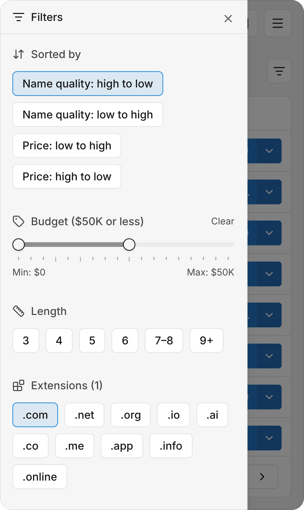Le volet Filtres des domaines premium sur un téléphone. Trié par affiche Qualité du nom : décroissante sélectionné, au-dessus du curseur Budget réglé sur 50 000 $ ou moins, des longueurs et de .com.