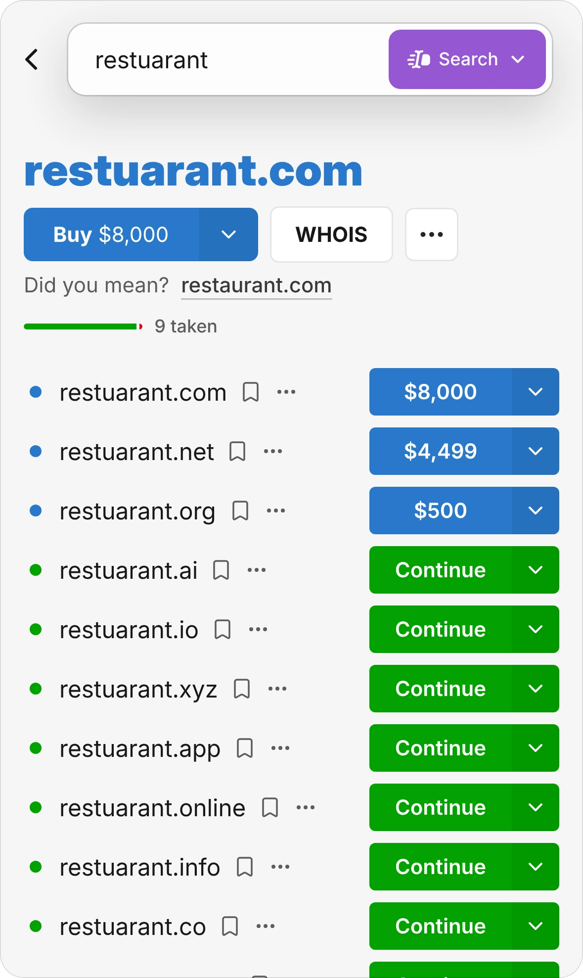 Instant Domain Search on a phone screen showing restuarant.com, the action buttons, and Did you mean? restaurant.com in its reserved row underneath.