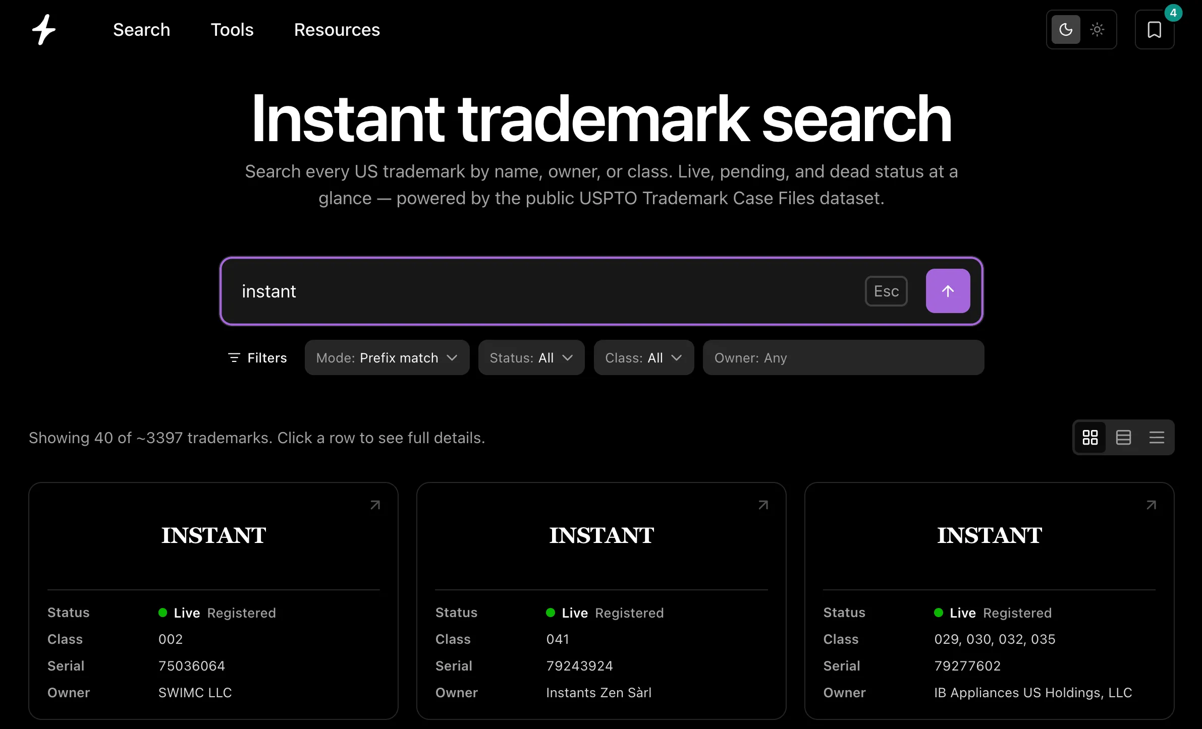 Instant Trademark Search met instant in het zoekvak, filters voor overeenstemming, status, klasse en eigenaar en een raster kaarten met het woordmerk INSTANT, actieve registratiestatus, klasse, serienummer en eigenaar