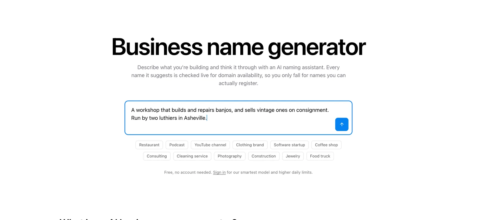 The business name generator hero with a brief typed in: a workshop that builds and repairs banjos, and sells vintage ones on consignment, run by two luthiers in Asheville