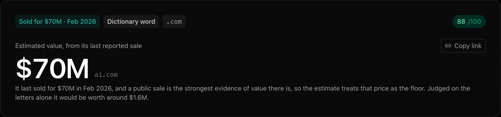 The appraisal for ai.com, showing a badge for its $70M sale in February 2026, an estimated value of $70M anchored on that sale, and a reported-sale card citing DNJournal