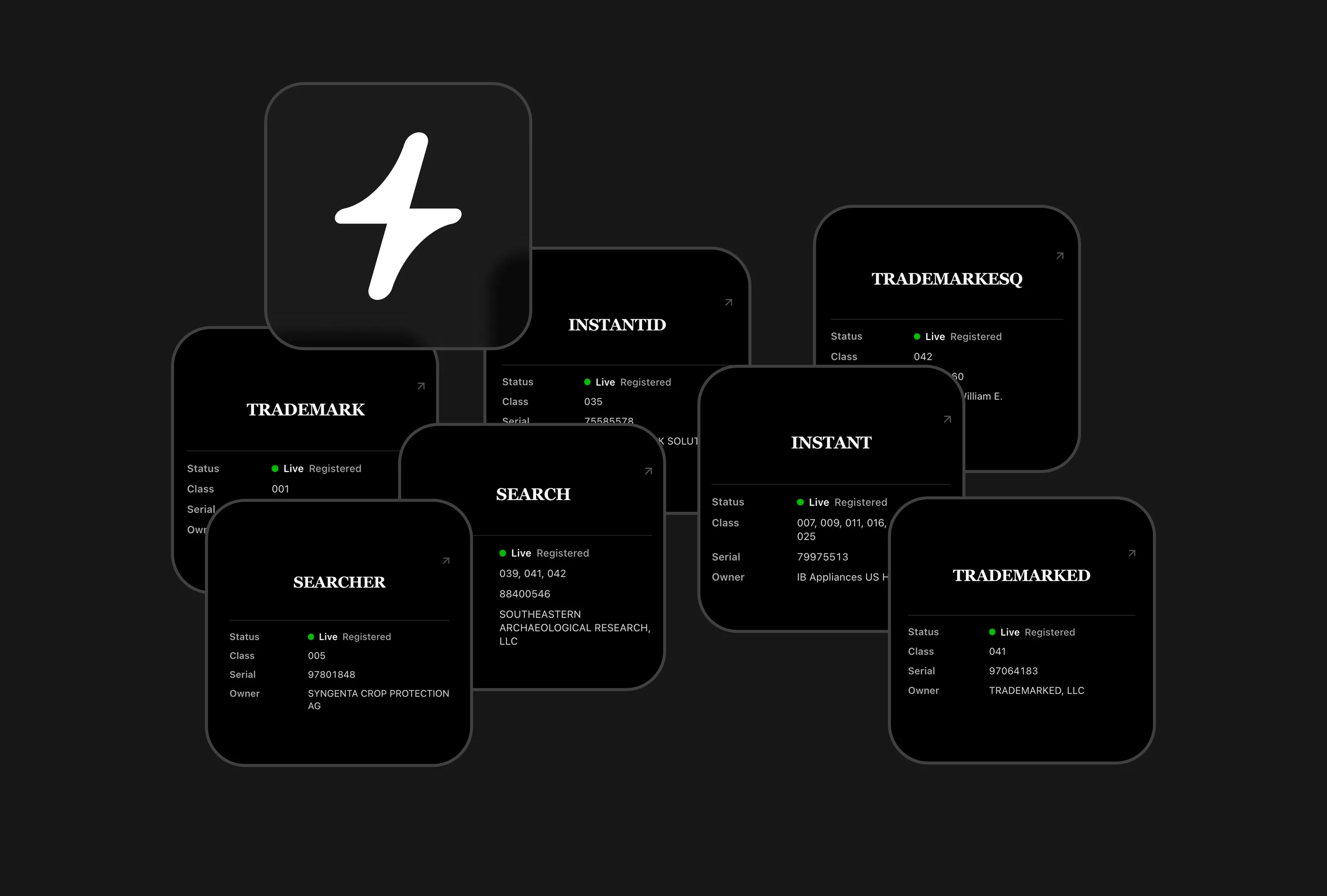 Instant Trademark Search: a scatter of trademark result cards, each showing a wordmark with its live registered status, class, serial number, and owner, around the Instant Domain Search logo