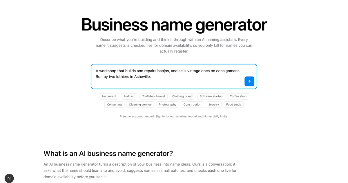 The business name generator with a brief typed in for a banjo workshop, ready to start a naming conversation