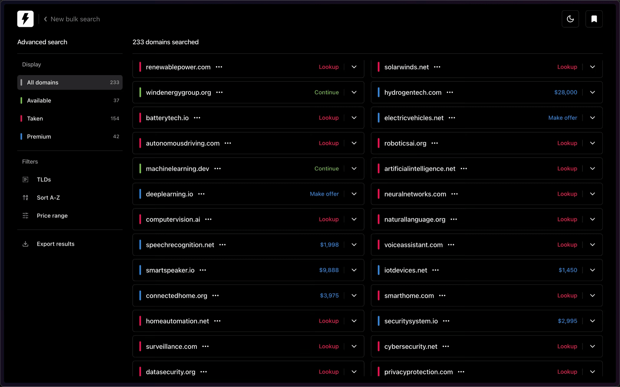 Interface des résultats de la recherche groupée de domaines