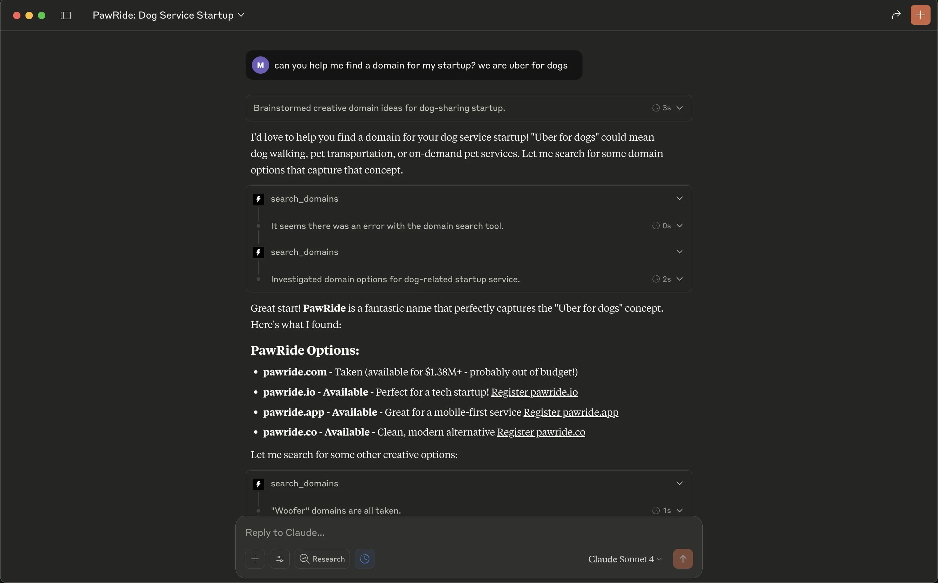 Claude Desktop schlägt mit dem MCP verfügbare Domains vor