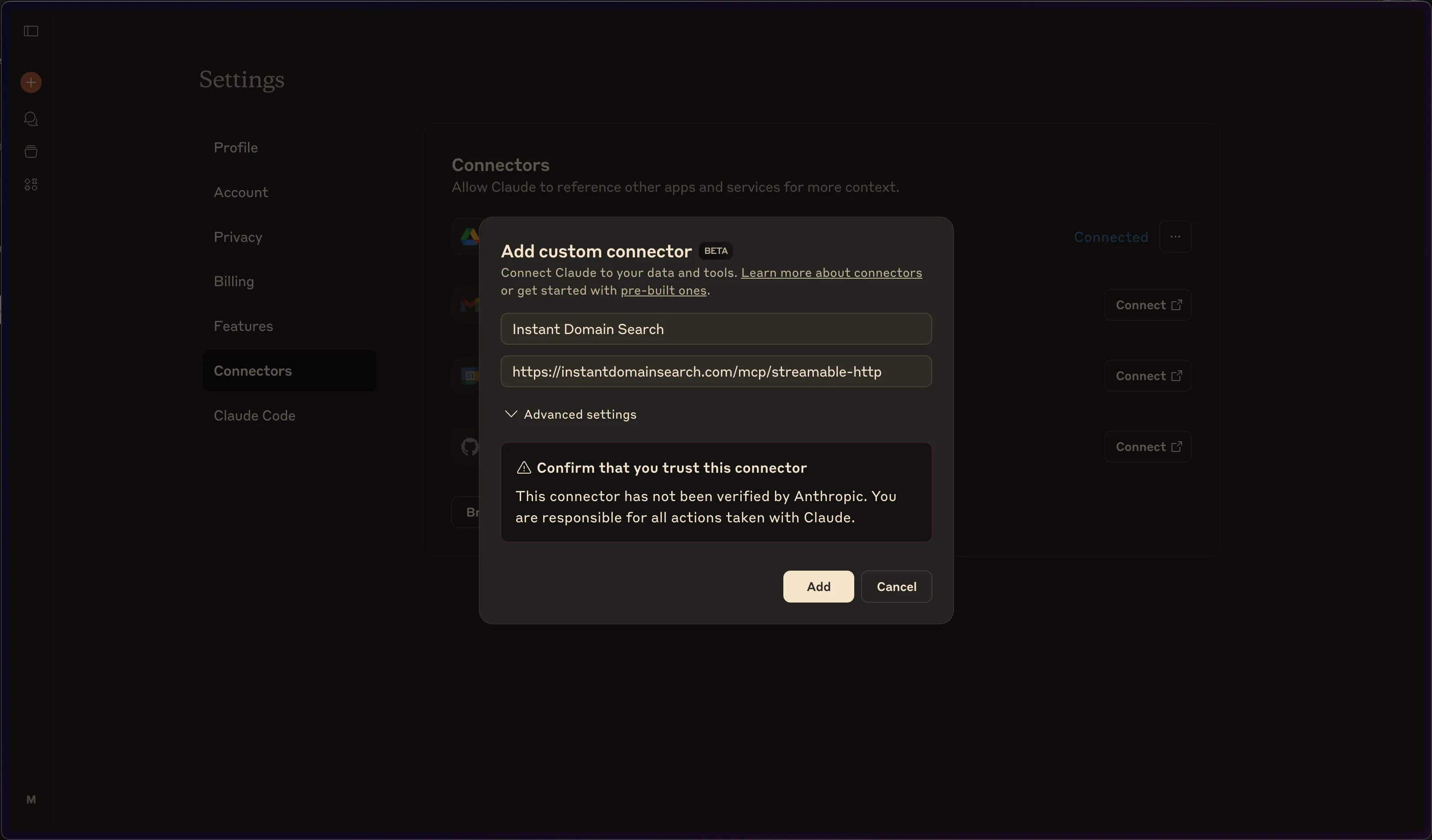 Ajout du connecteur personnalisé Instant Domain Search dans Claude Web