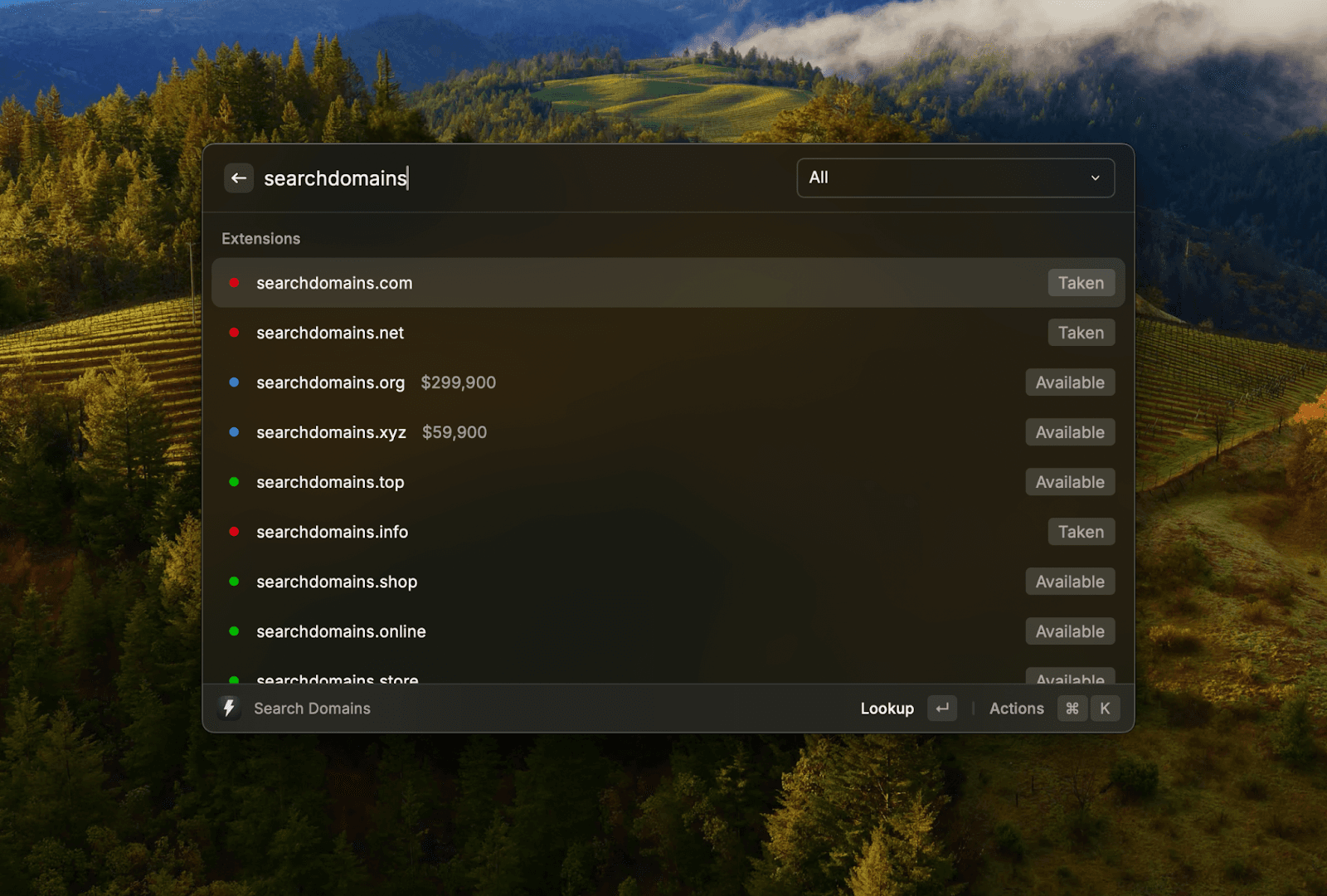 Interfaz de búsqueda de la extensión para Raycast