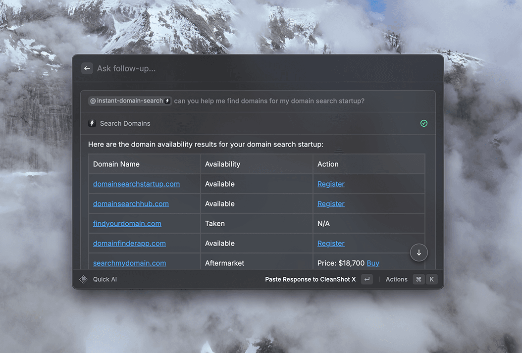 Interfaz de chat MCP de Raycast con @instant-domain-search