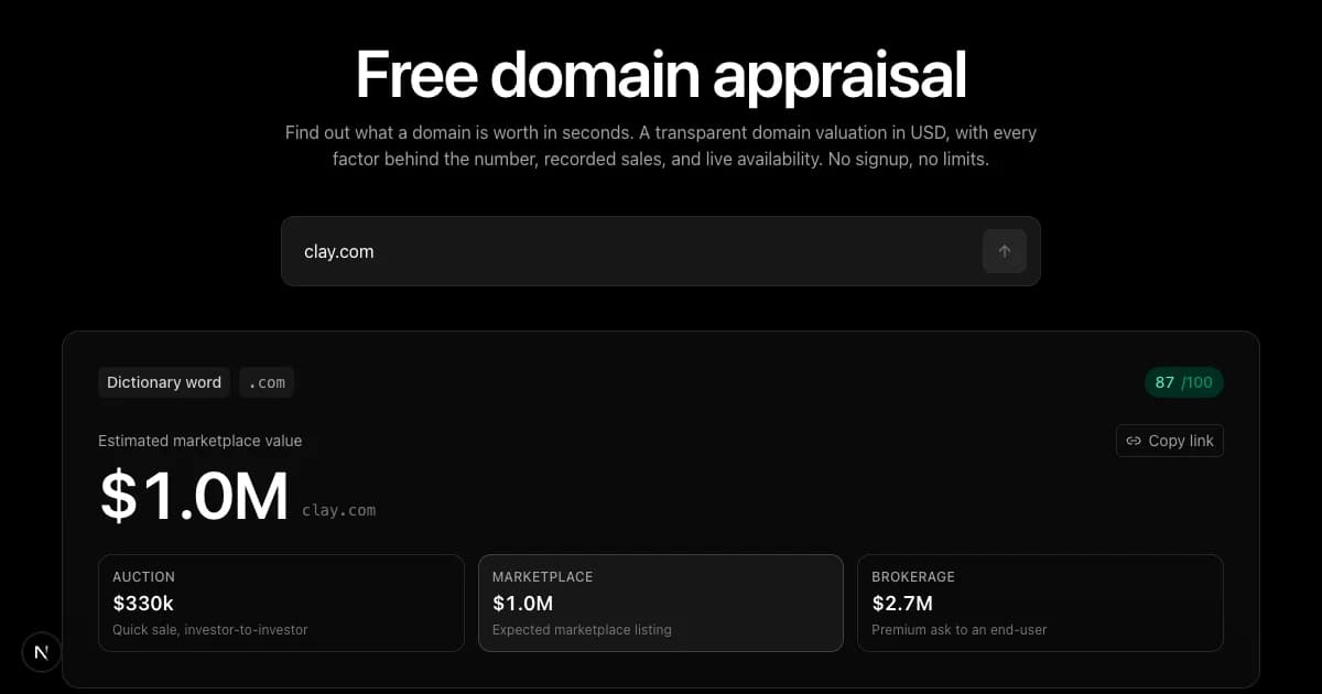 La página de tasación de dominios con clay.com tasado en $1,0M, una puntuación del nombre de 87 y tres precios según el canal de venta