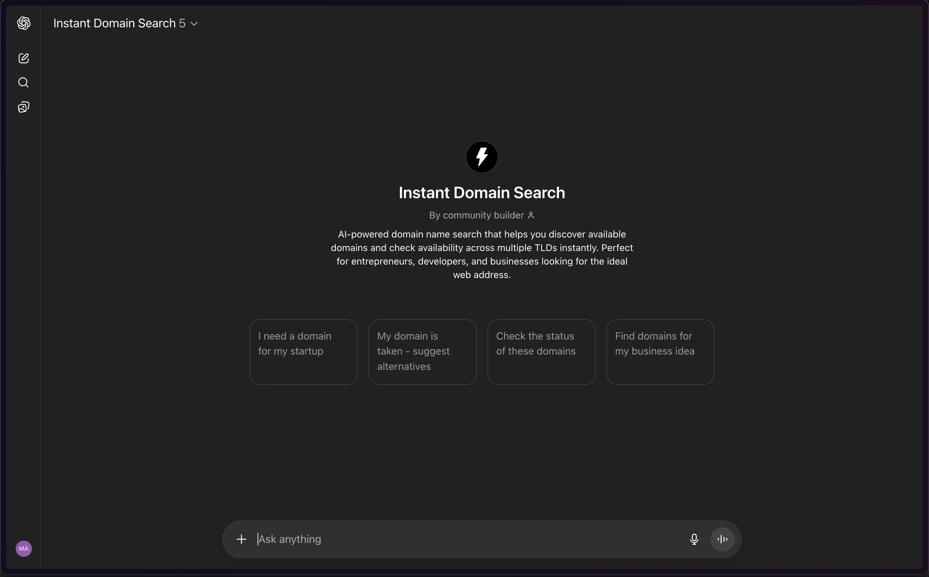 Opening the Instant Domain Search CustomGPT in ChatGPT