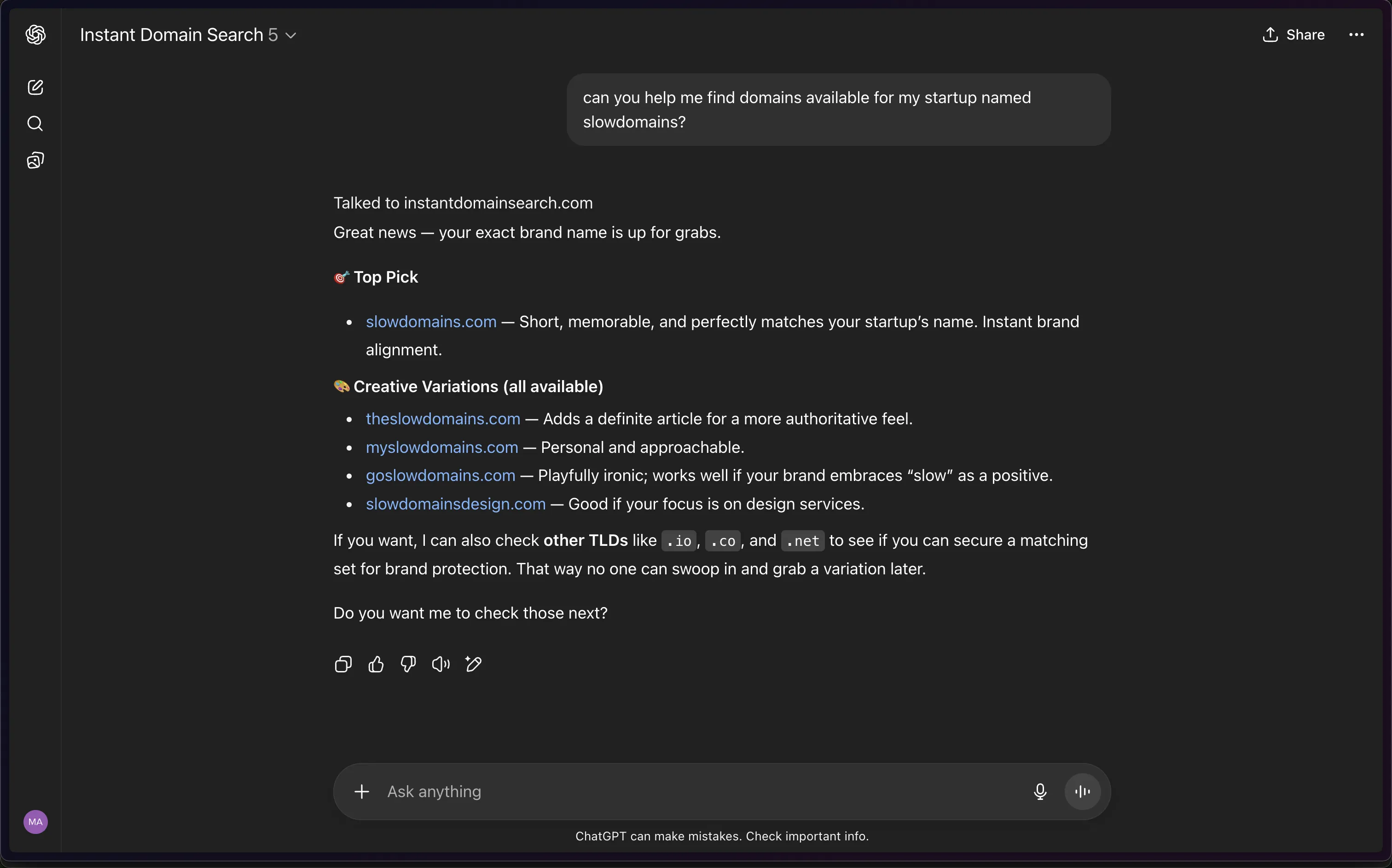 The CustomGPT returning available domain suggestions for a startup