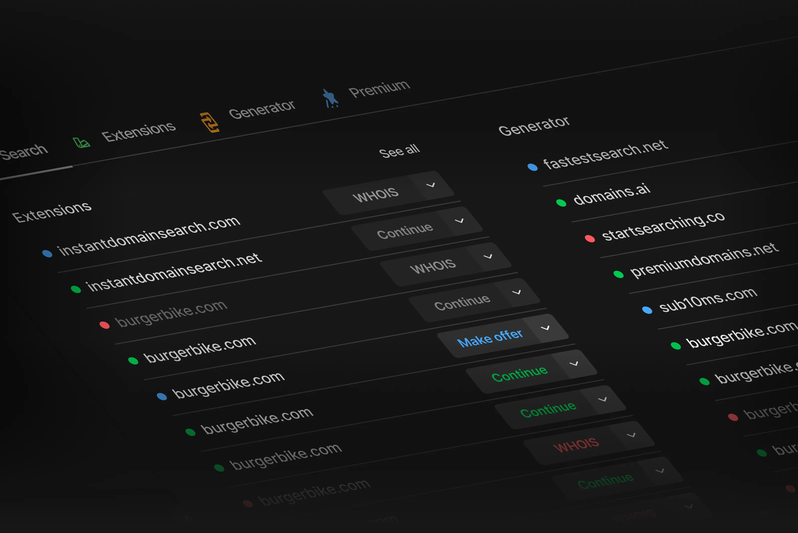 Check domain availability across Search, Generator, and Premium views in Instant Domain Search