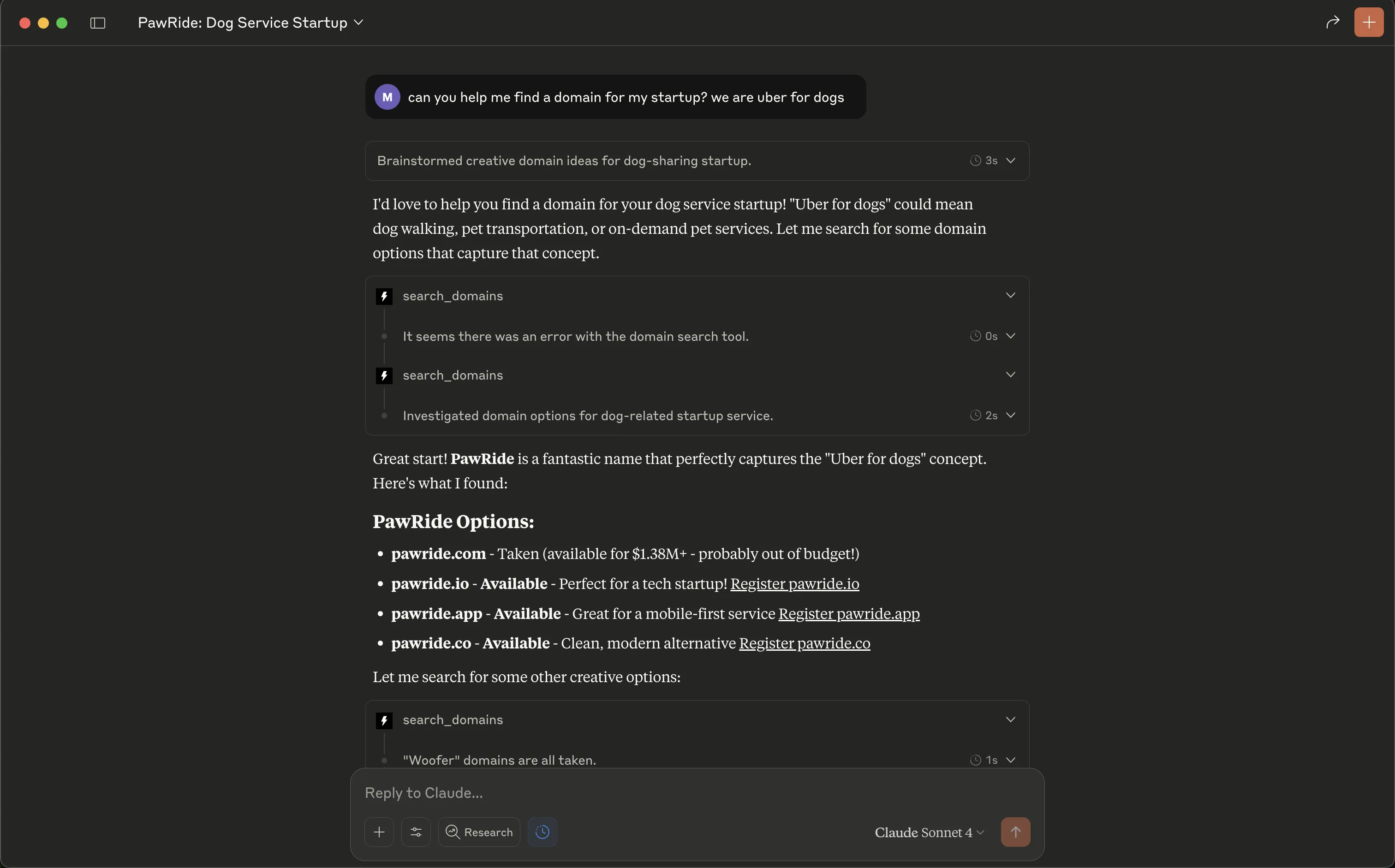 Claude desktop using the MCP to suggest available domains