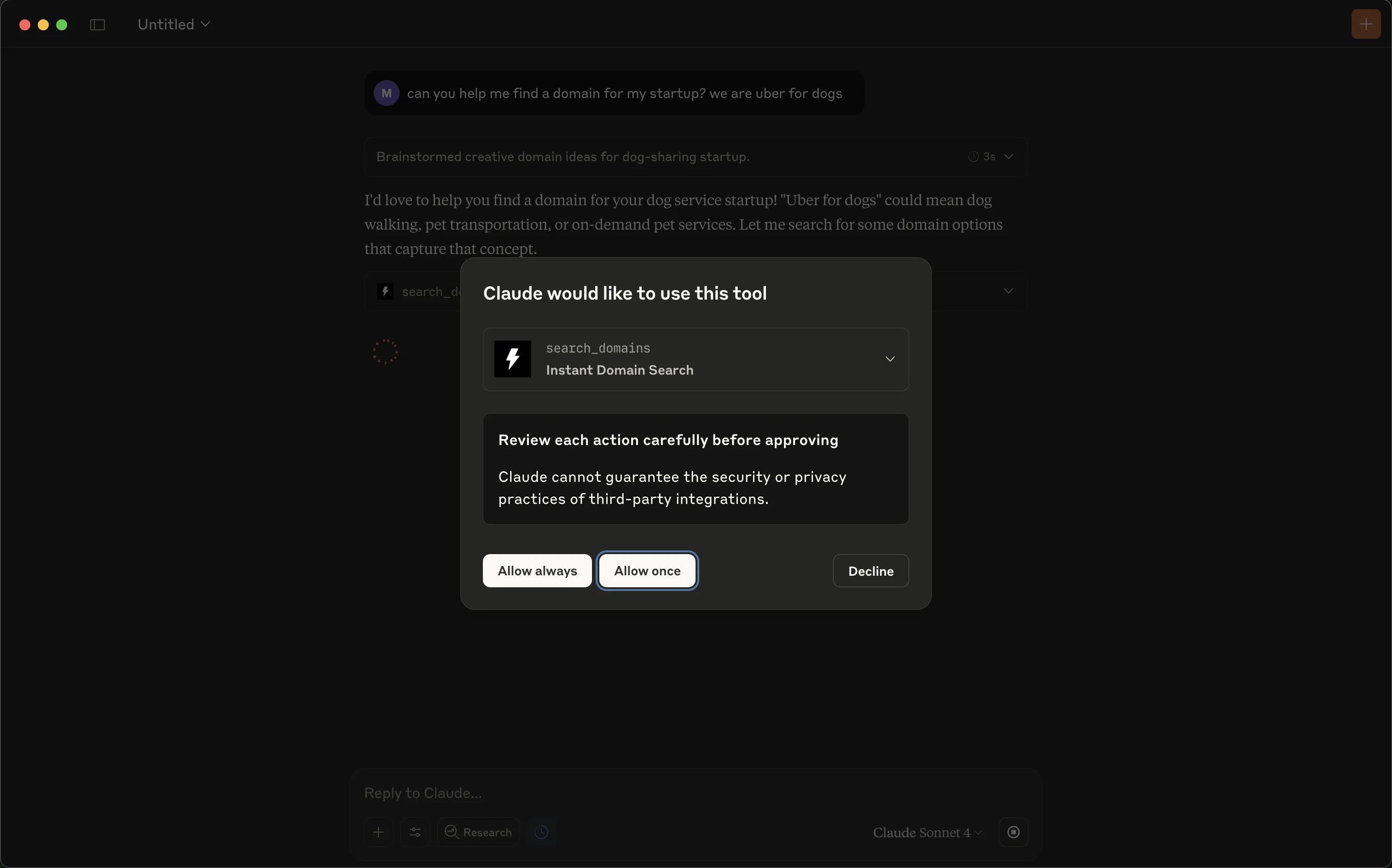 Claude desktop asking permission to use the Instant Domain Search MCP