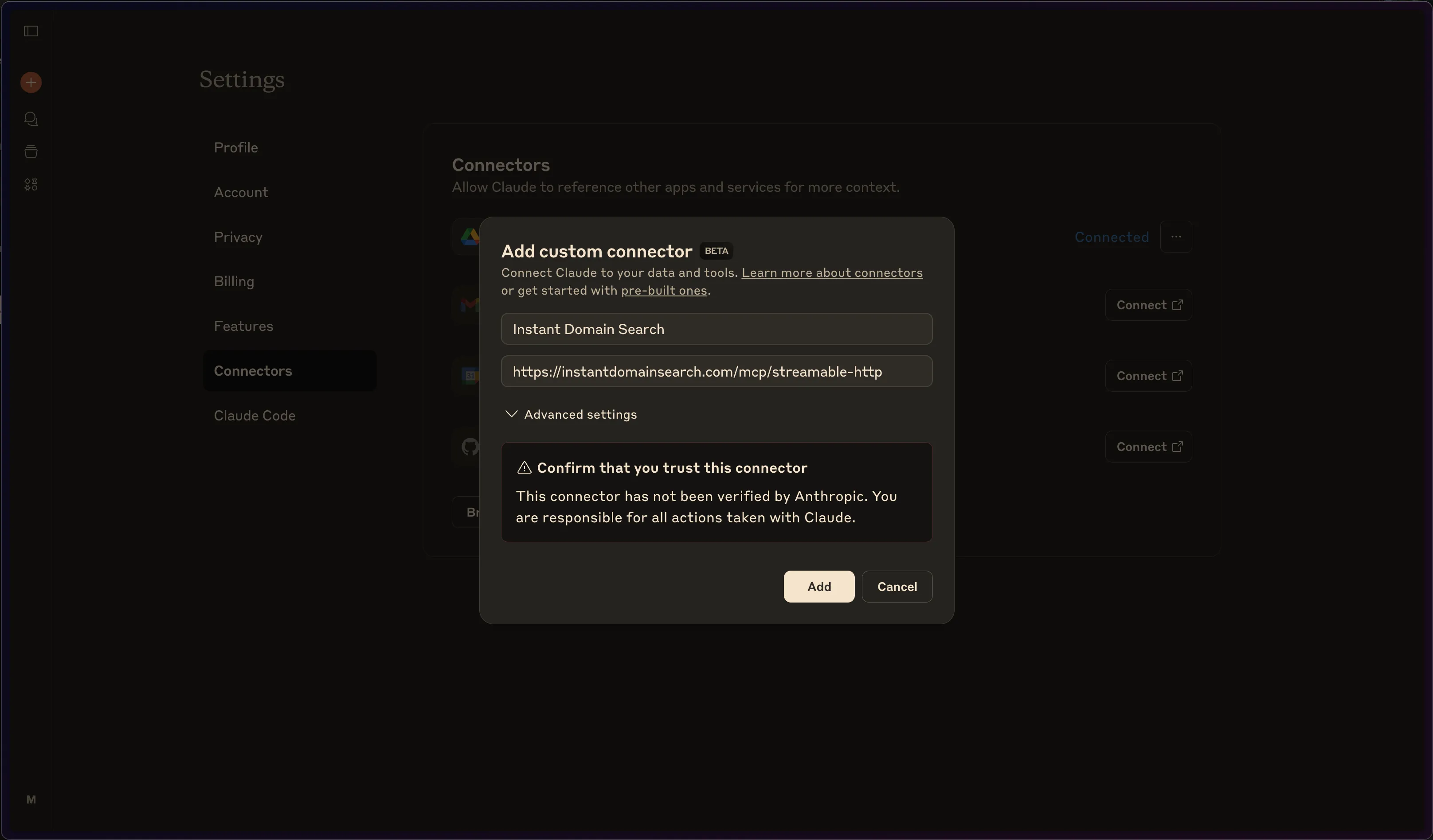 Adding the Instant Domain Search custom connector in Claude web