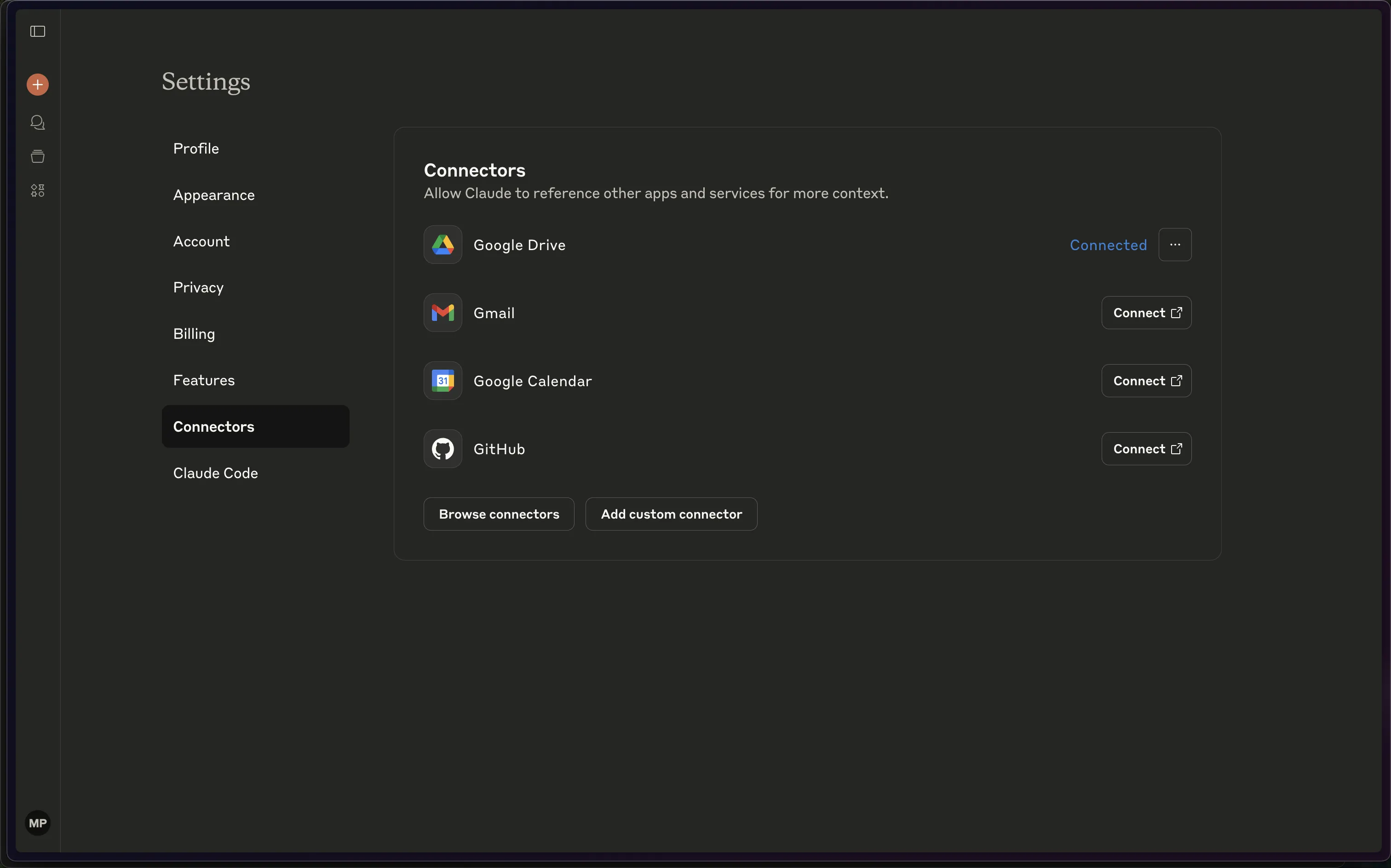 Claude web settings — Connectors tab