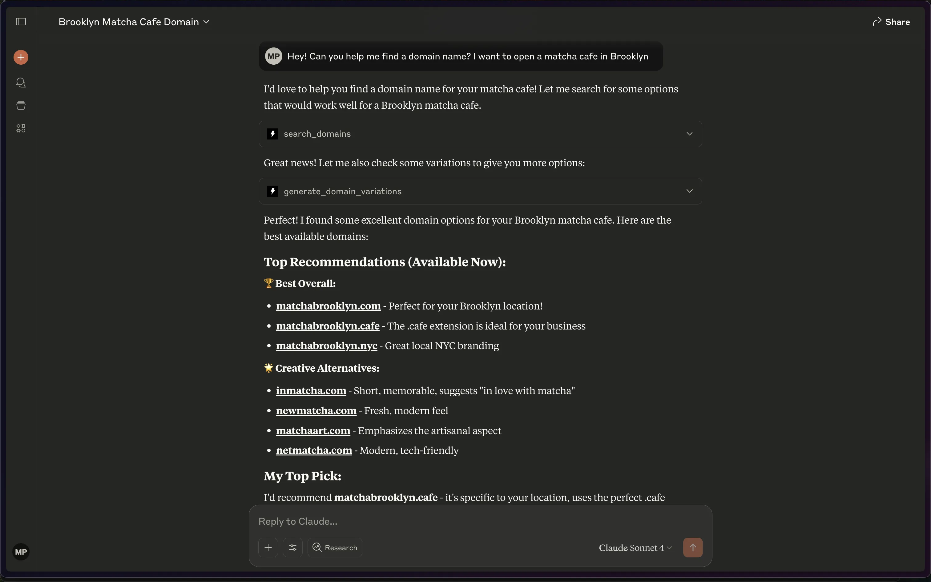 Claude using the MCP to recommend available domains in chat