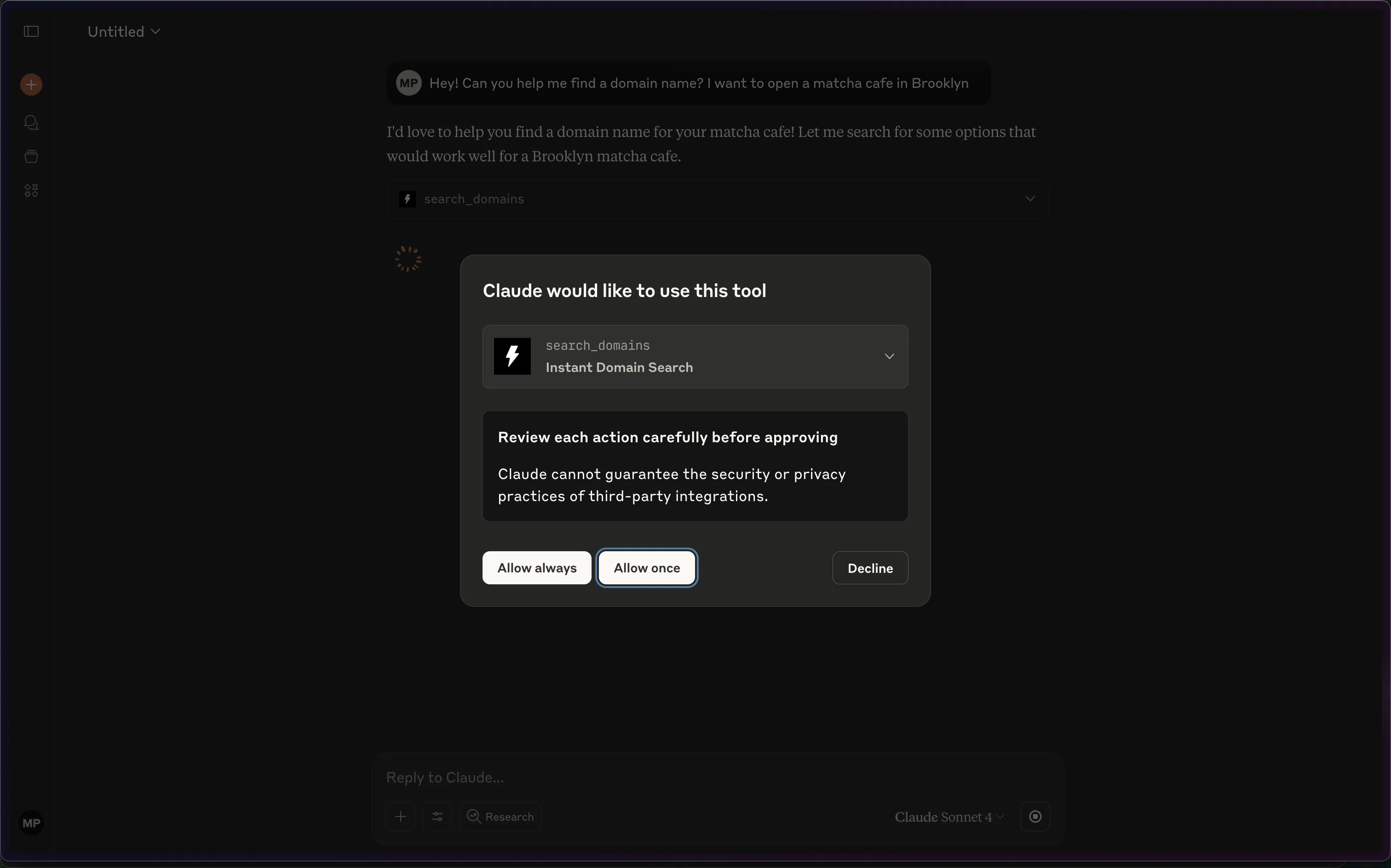 Claude asking permission to use the Instant Domain Search MCP