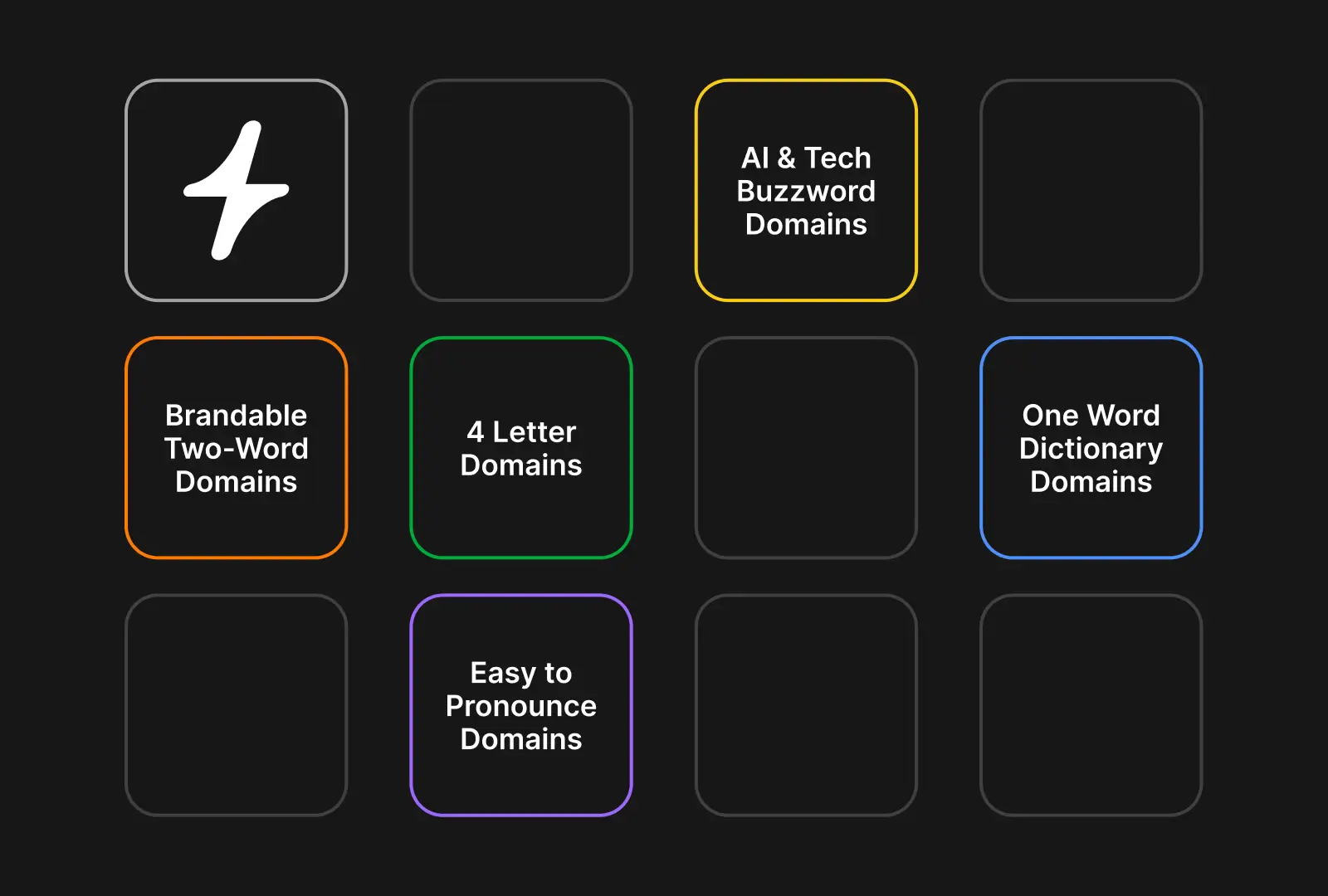 Instant Domain Lists concept: a grid of colored tiles labeled Brandable Two-Word Domains, 4 Letter Domains, AI & Tech Buzzword Domains, One Word Dictionary Domains, and Easy to Pronounce Domains, with the Instant lightning-bolt logo