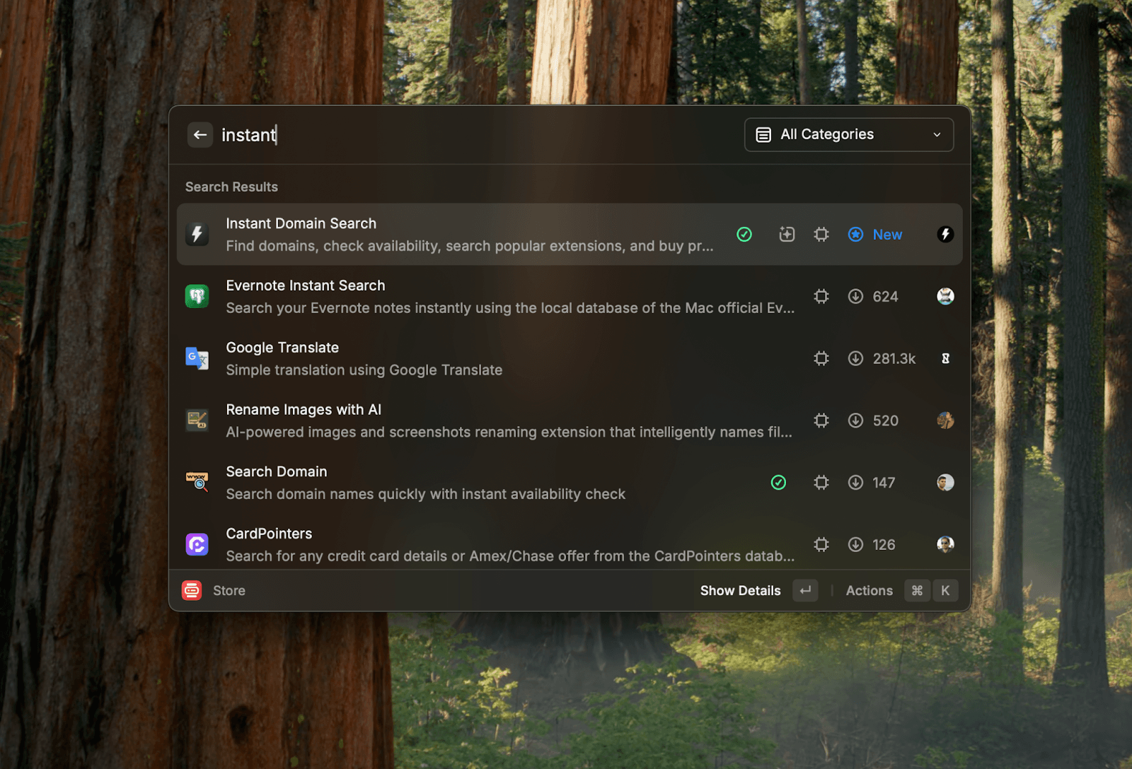 Installing Instant Domain Search in Raycast store