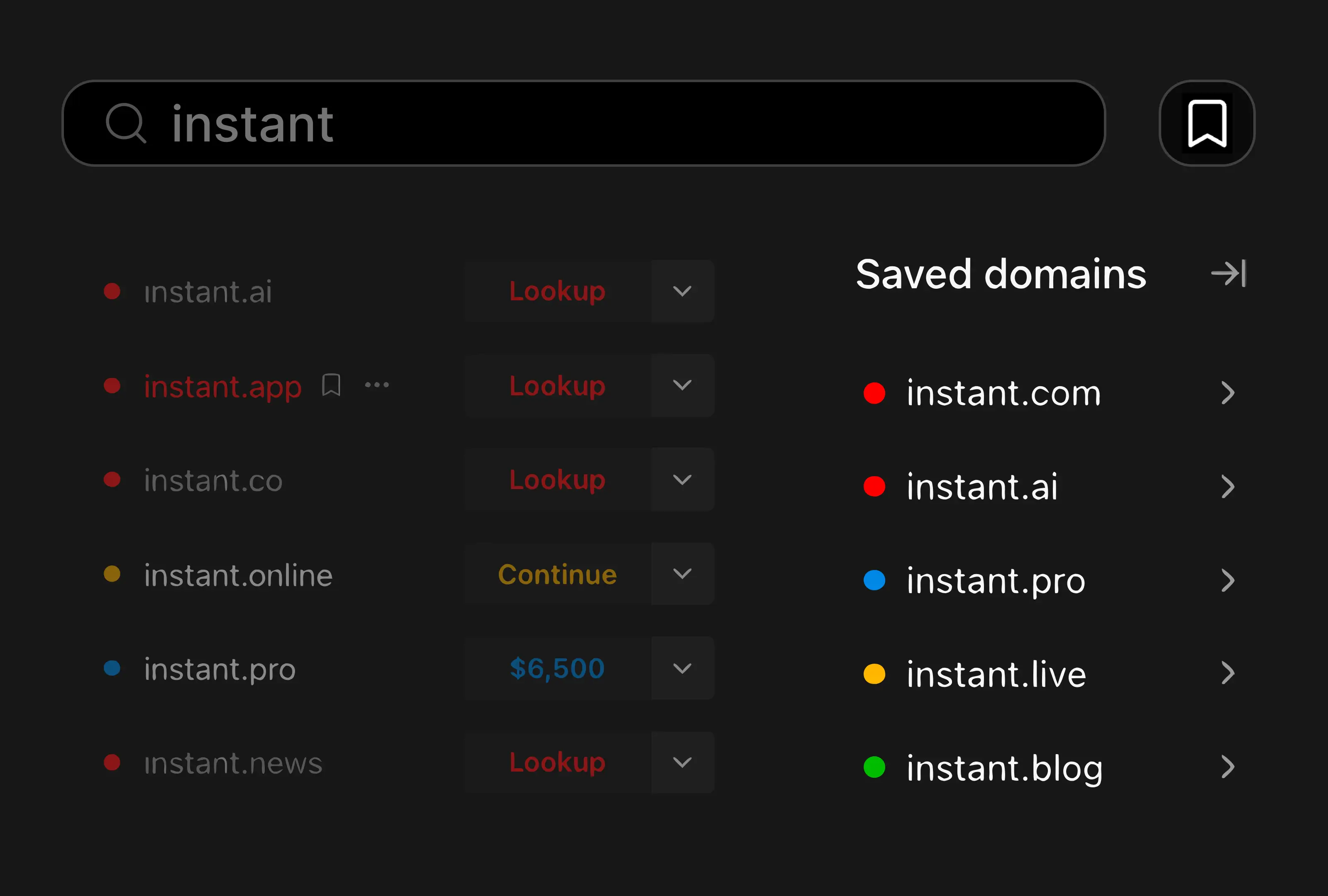 Saved Domains sidebar concept: a domain search showing instant.ai, instant.app, instant.co alongside a shortlist of bookmarked domains