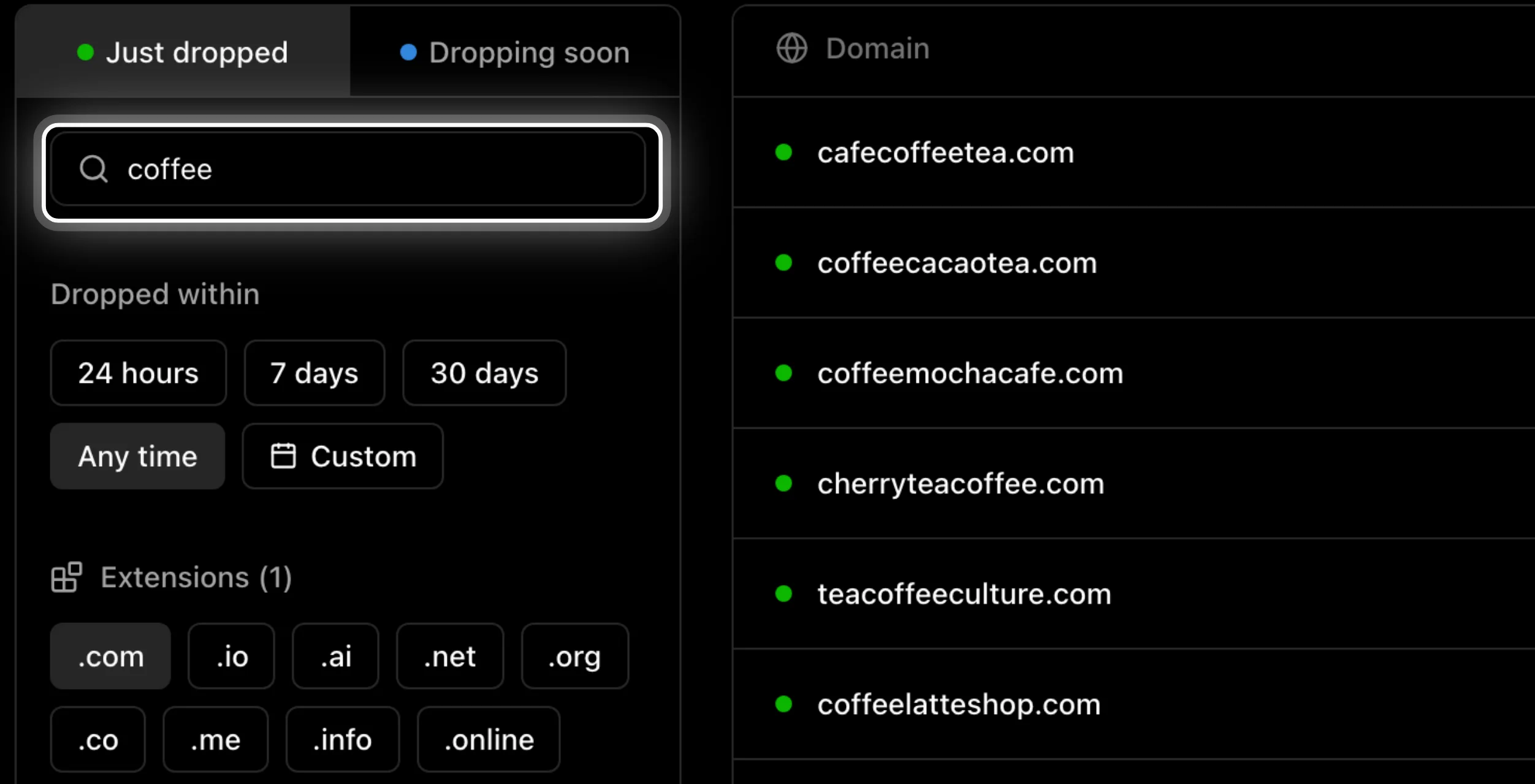 The search box with coffee typed in, highlighted, beside the names it returns: cafecoffeetea.com, coffeecacaotea.com, coffeemochacafe.com, cherryteacoffee.com, and teacoffeeculture.com