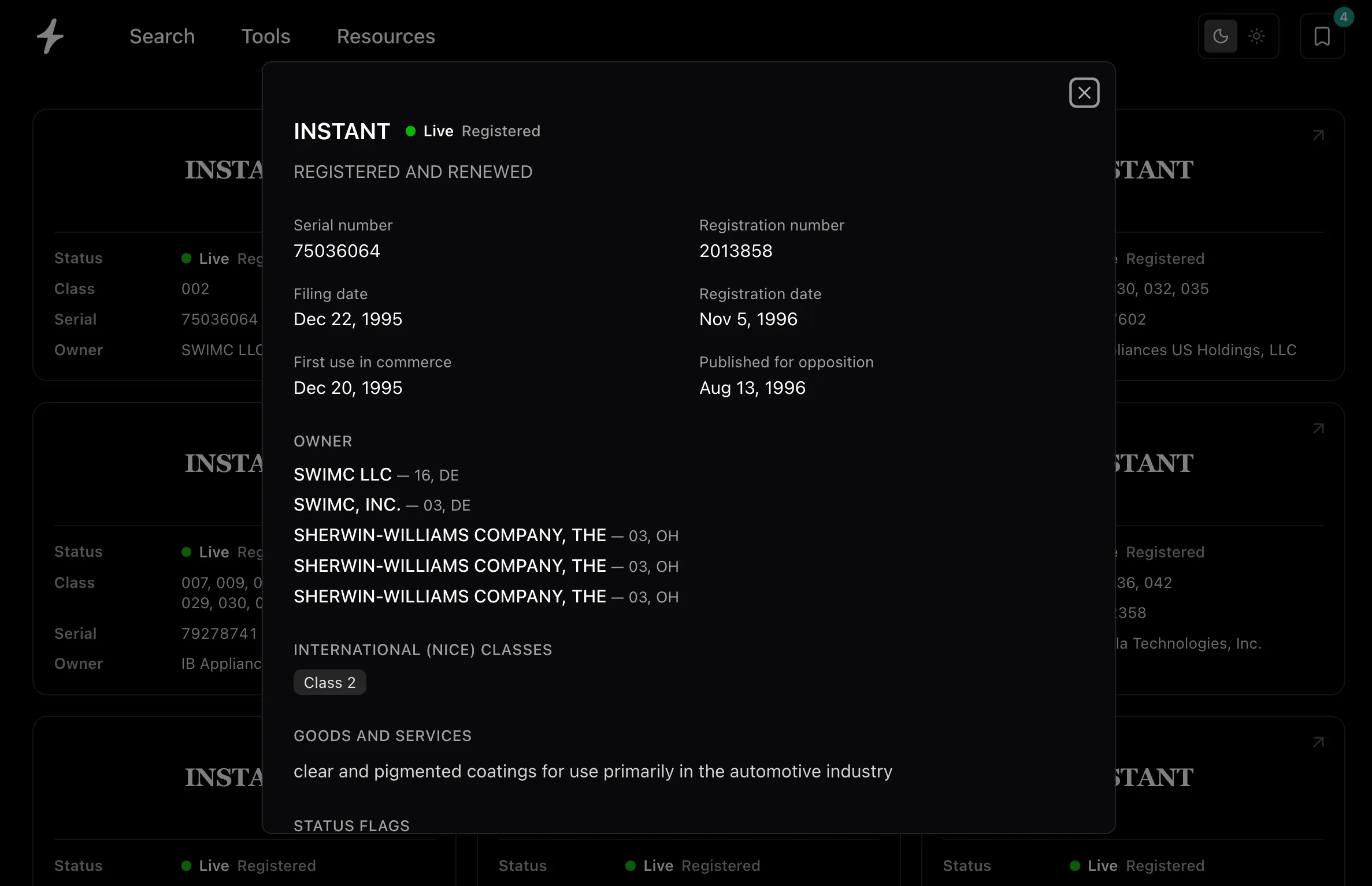 A full trademark record in Instant Trademark Search: the INSTANT wordmark marked live and registered, with serial and registration numbers, filing and registration dates, first use in commerce, owners, international (Nice) class, and goods and services