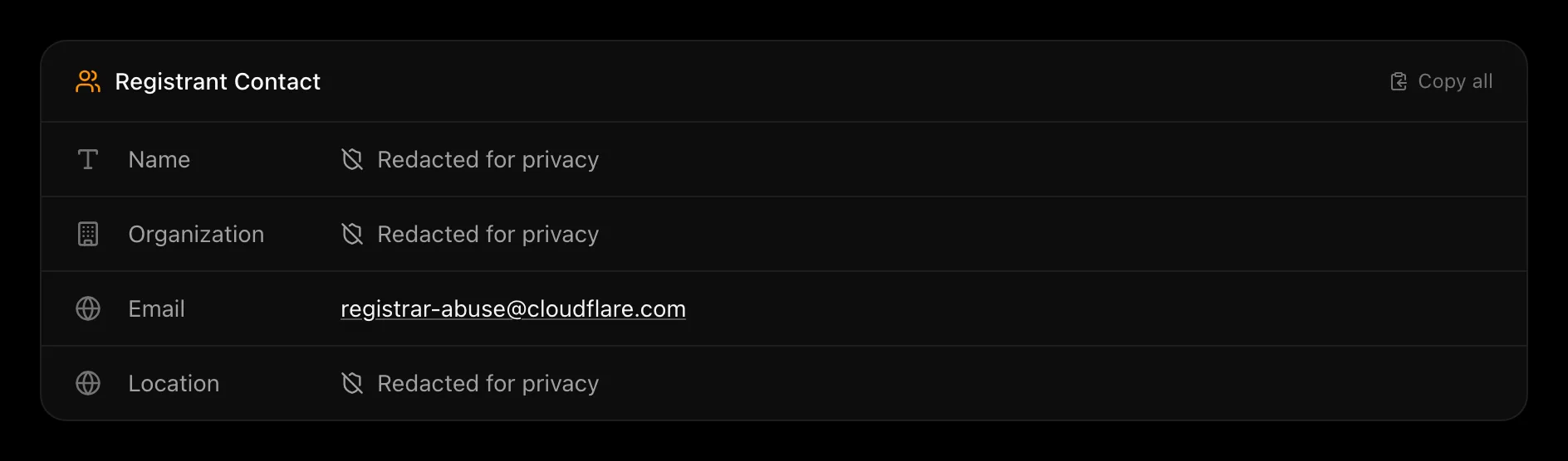 A redacted WHOIS registrant contact card: name, organization, and location all read 'Redacted for privacy', and the only email is the registrar's abuse address