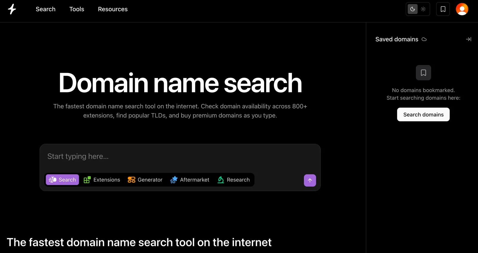 The Instant Domain Search home page with the saved domains panel open in the sidebar, ready to sync your shortlist to your account