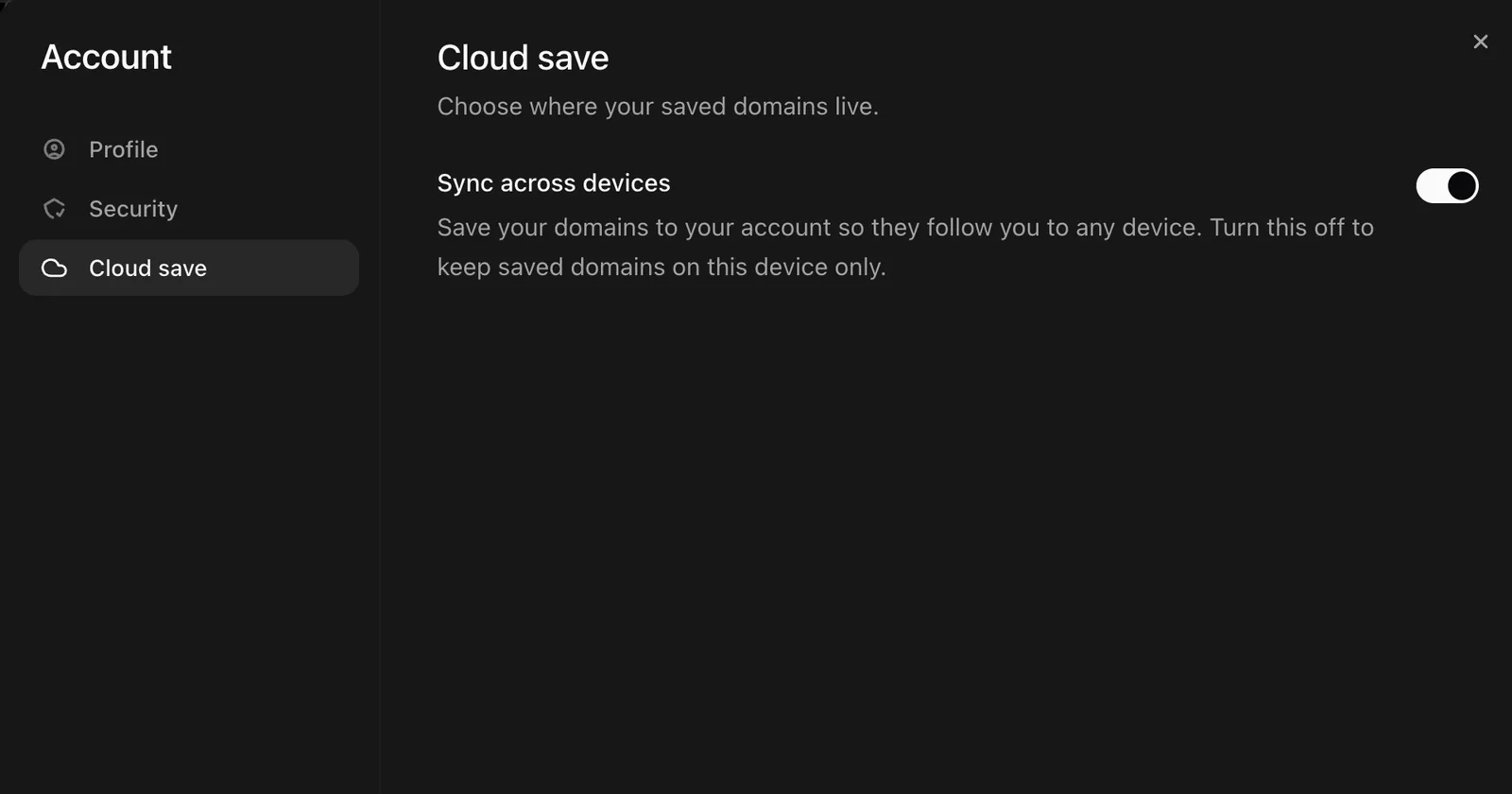 The Cloud save section of Instant Domain Search account settings, with a 'Sync across devices' toggle that can be turned off to keep saved domains on one device only