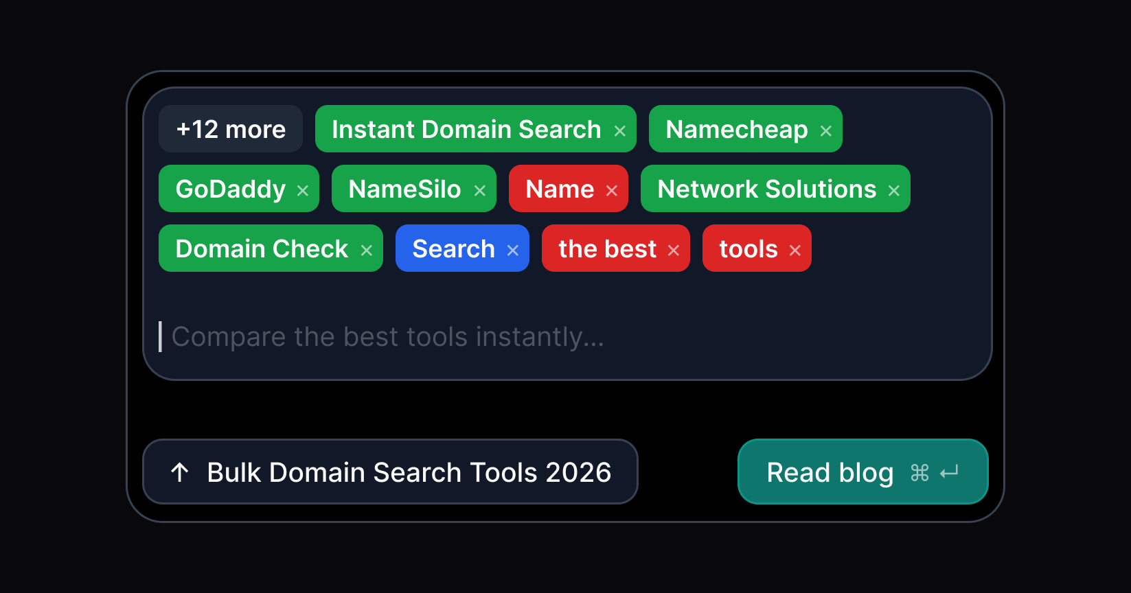 Bulk Domain Search Tools comparison showing Instant Domain Search interface with domain tags and search input