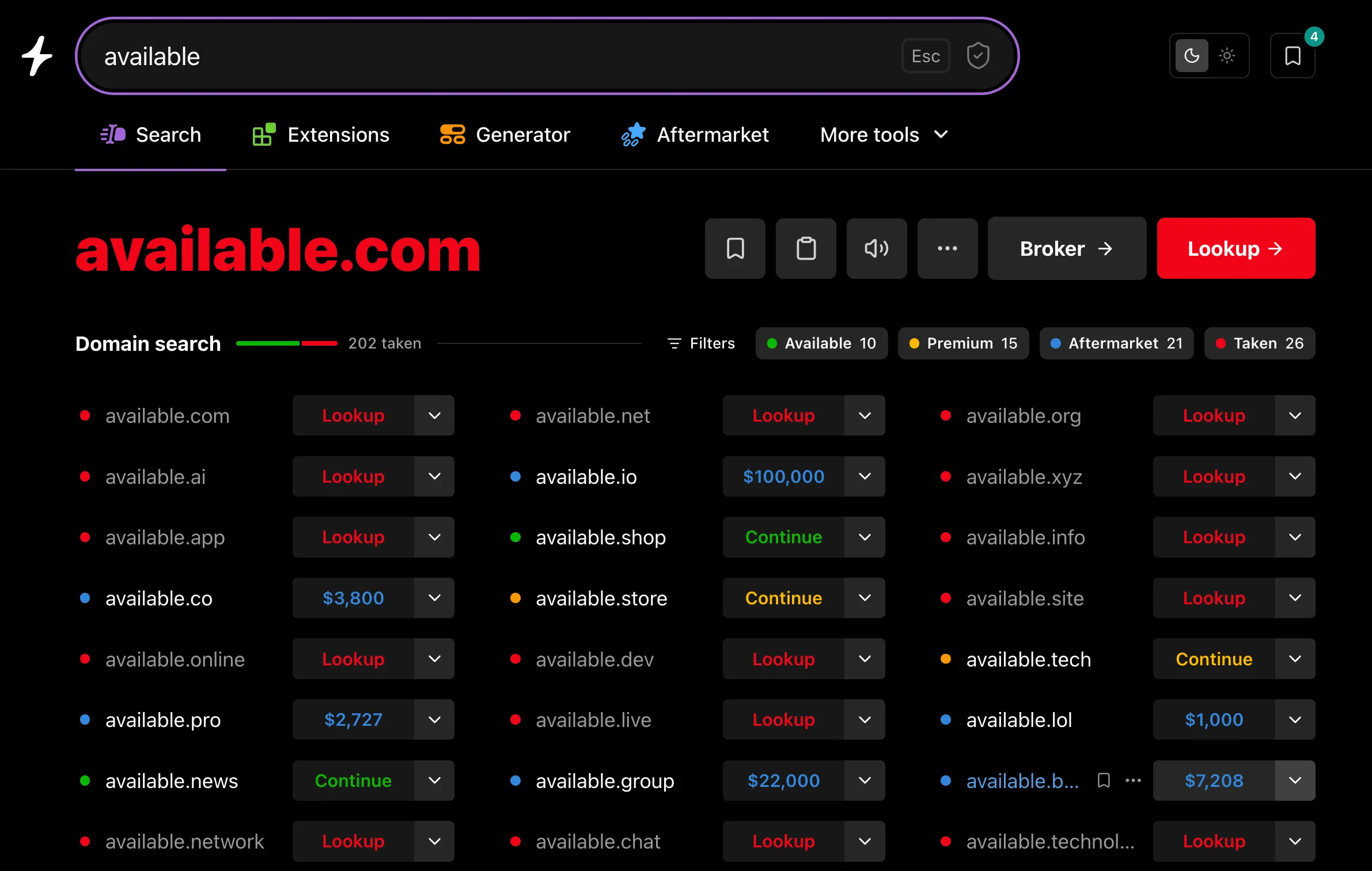 Instant Domain Search showing live availability for the term 'available' across .com, .ai, .io, .co and dozens of other extensions, with Available, Premium, Aftermarket, and Taken filters
