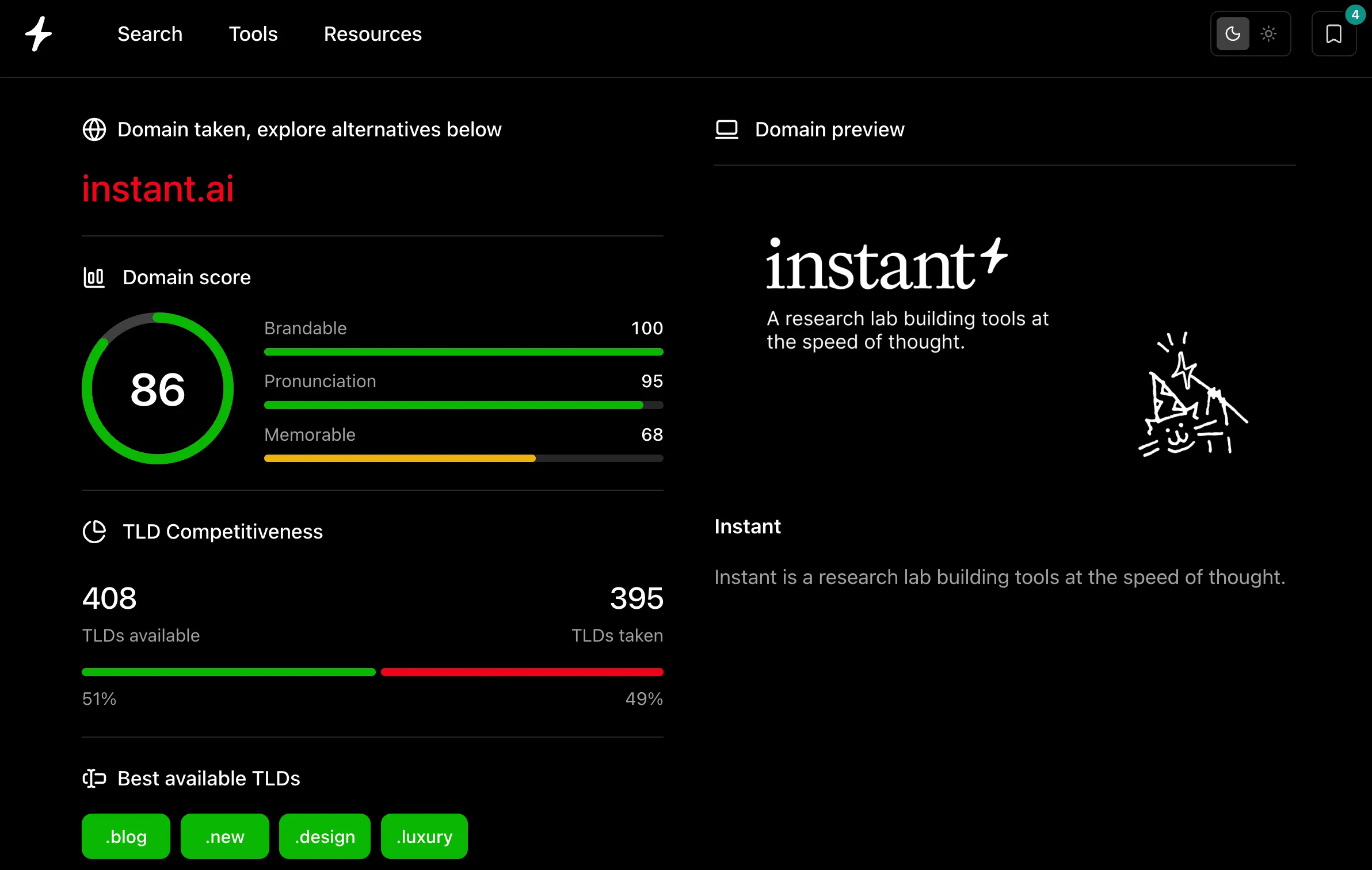The Check domain availability report for instant.ai showing a domain score, TLD competitiveness (408 extensions available vs 395 taken), the best available extensions, and a live site preview