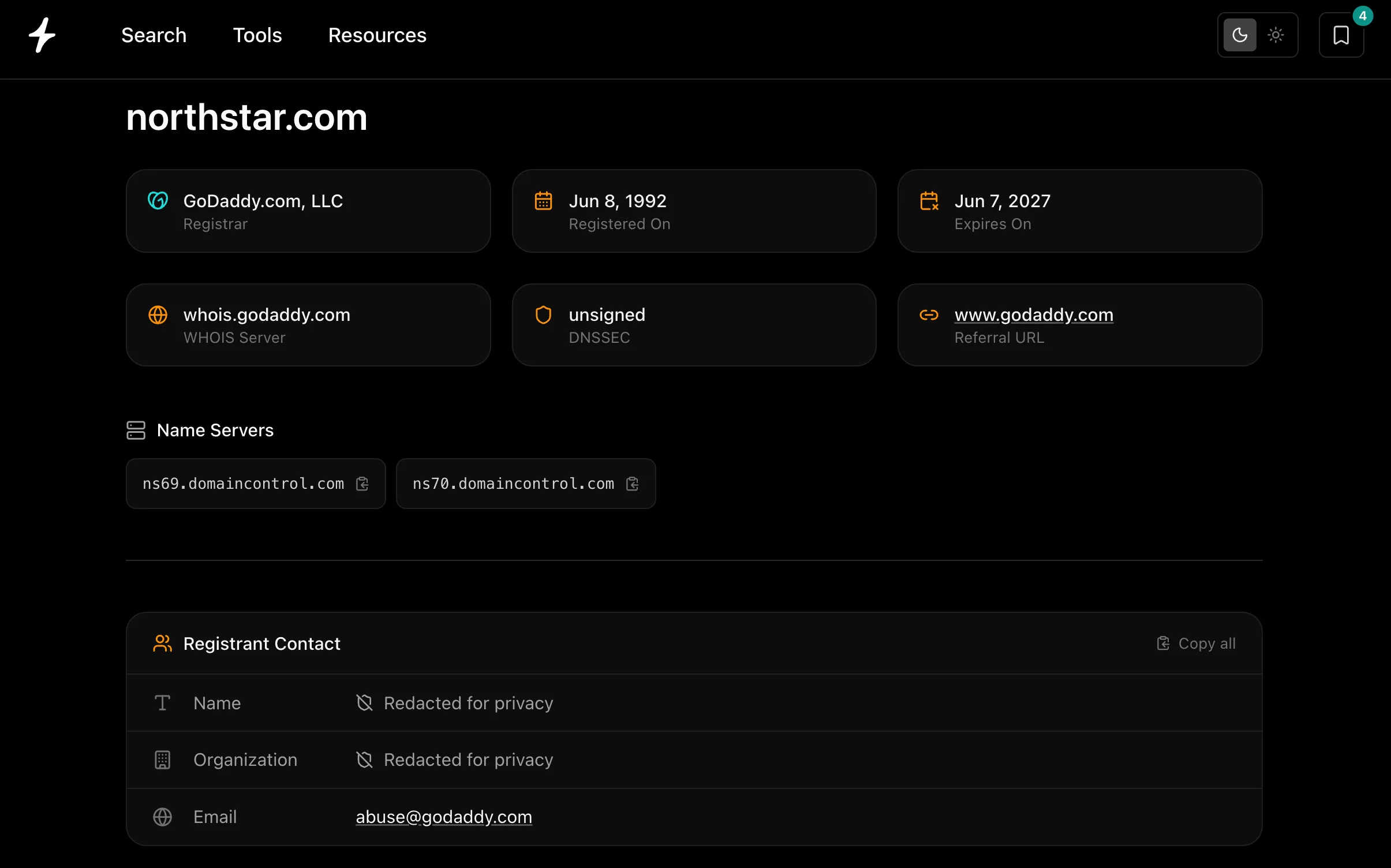 A WHOIS lookup for northstar.com showing its registrar, registration and expiry dates, name servers, and a privacy-redacted registrant contact