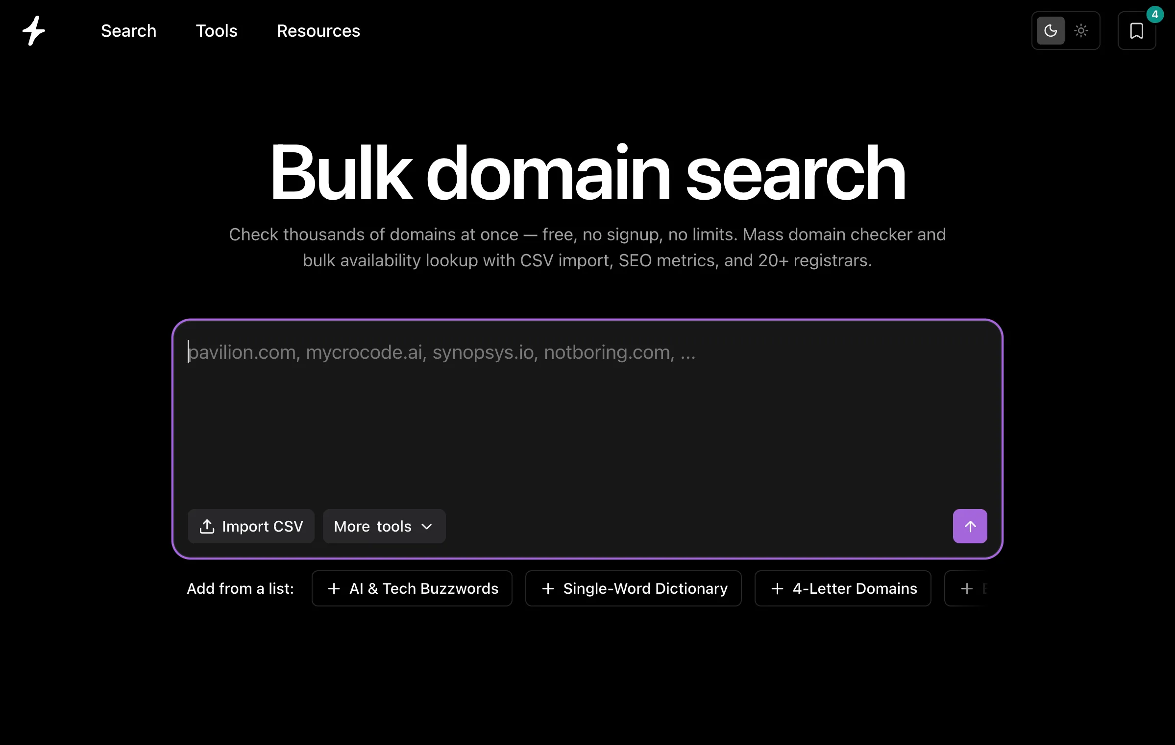 Bulk domain search checking thousands of domains at once, with CSV import and starter lists