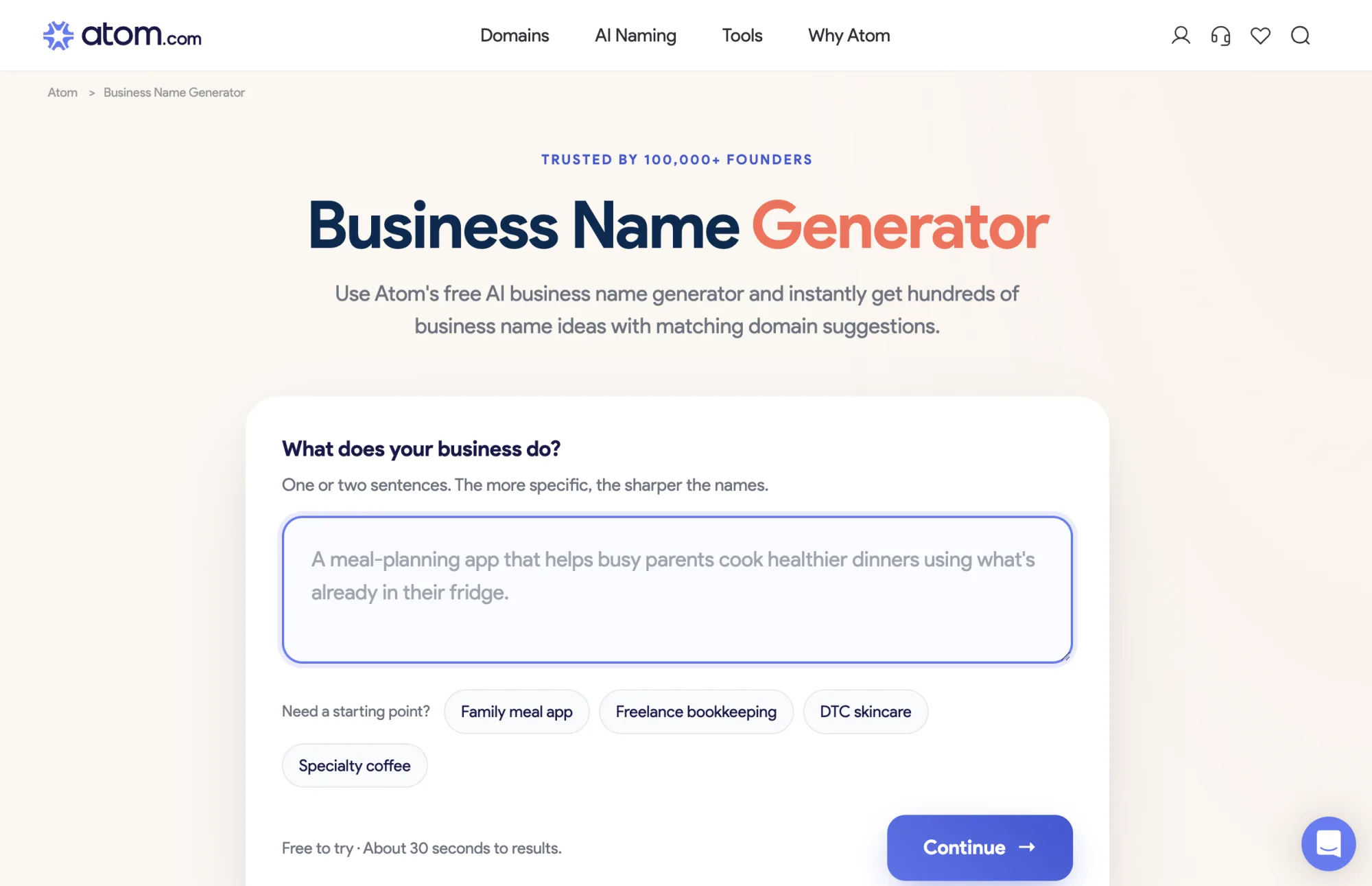 Atom.com marketplace UI showing curated brandable .com domains with prices