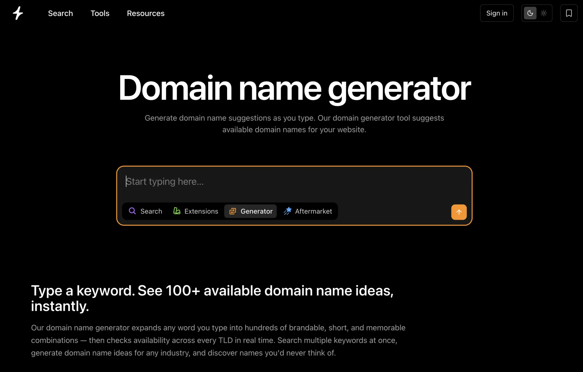 Instant Domain Search domain generator showing AI suggestions with live availability badges and registrar prices