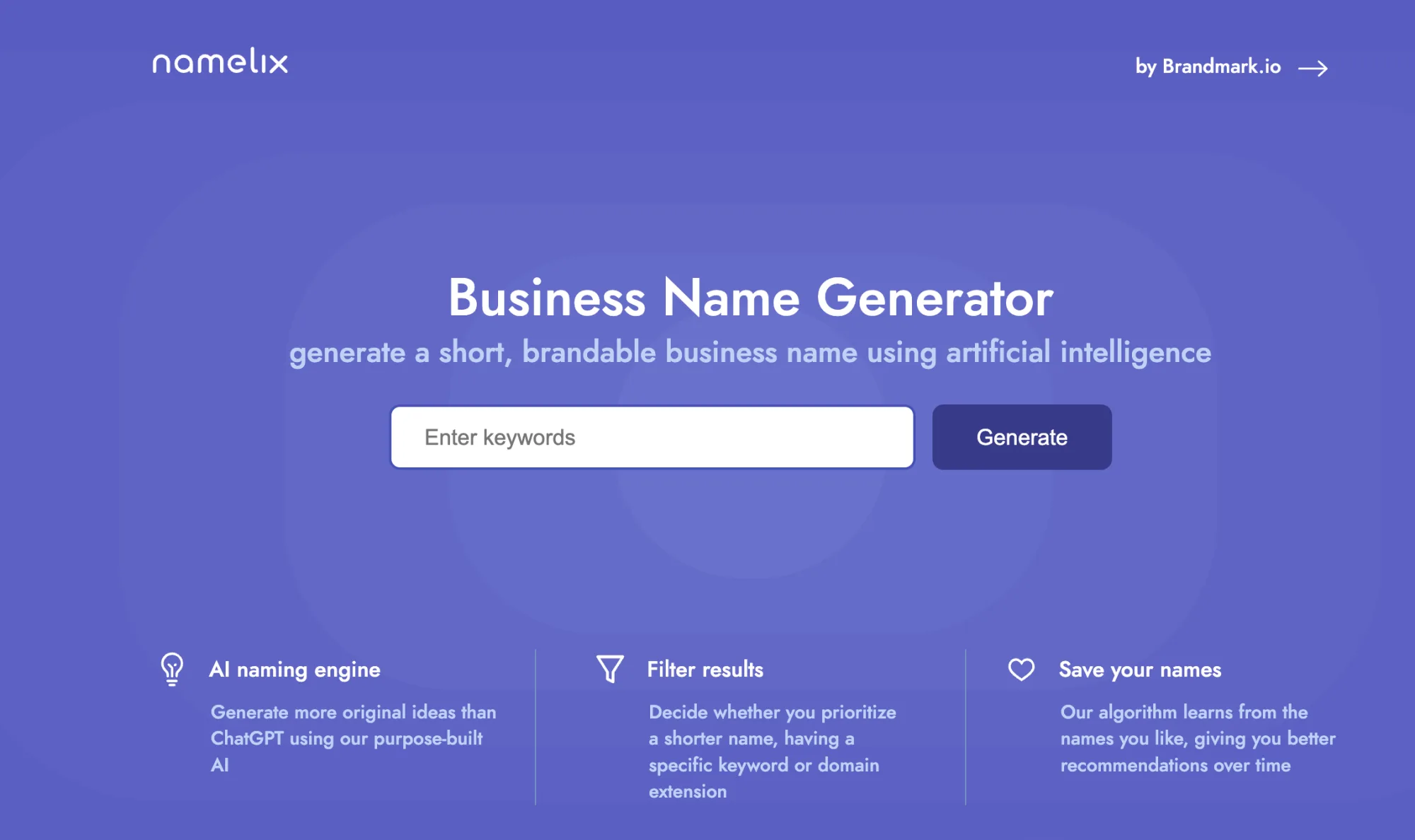 Namelix UI showing branded name suggestions with logo mockups