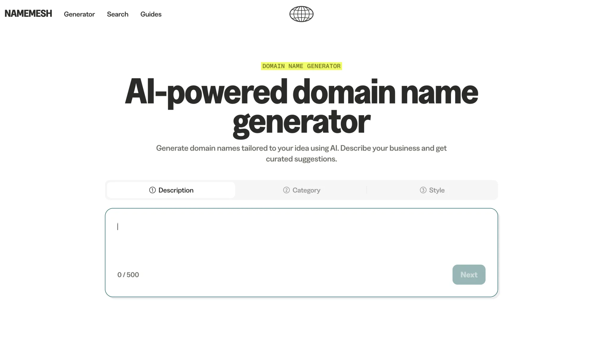 NameMesh UI showing categorized result tabs (Common, New, Short, Fun, Extra, Similar, SEO)