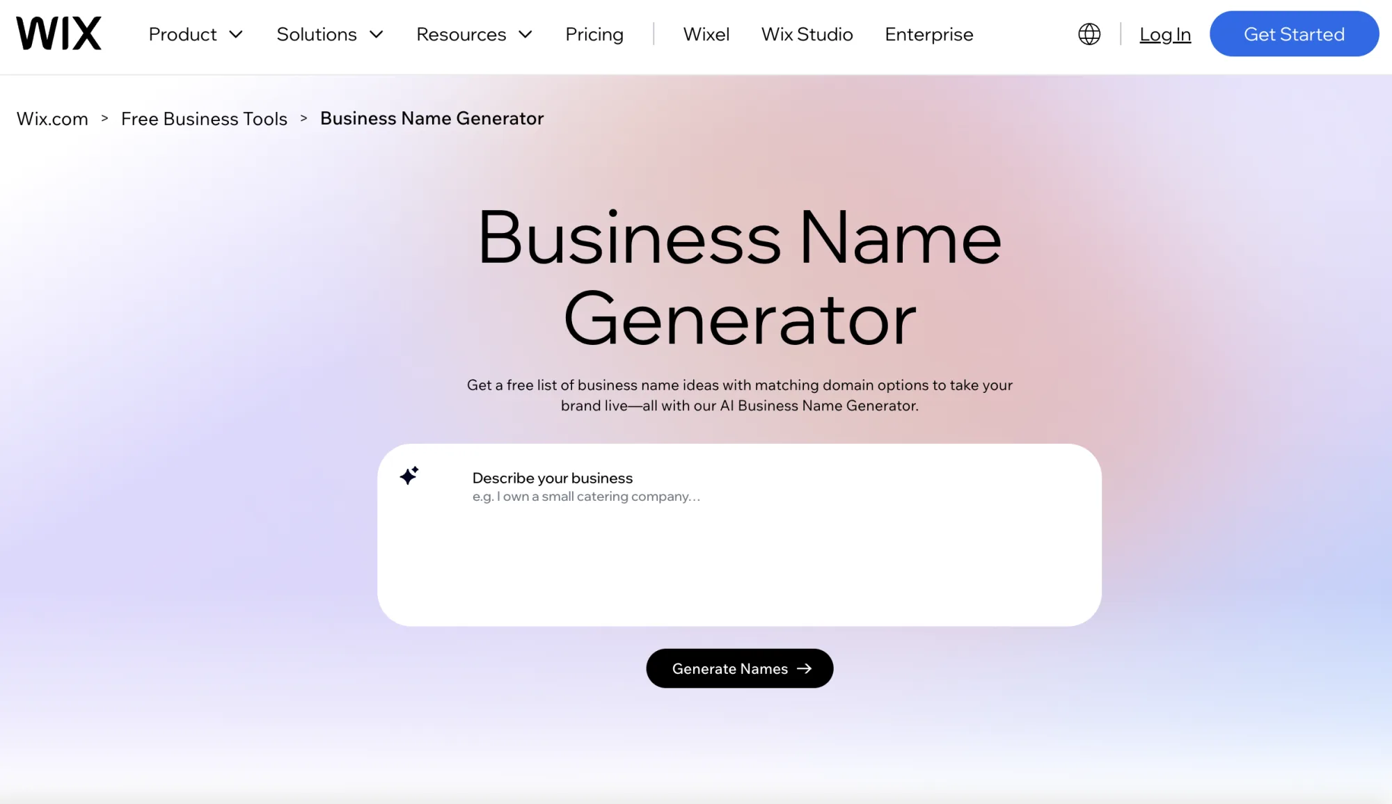 Wix Business Name Generator showing the industry picker and name-length slider with logo previews