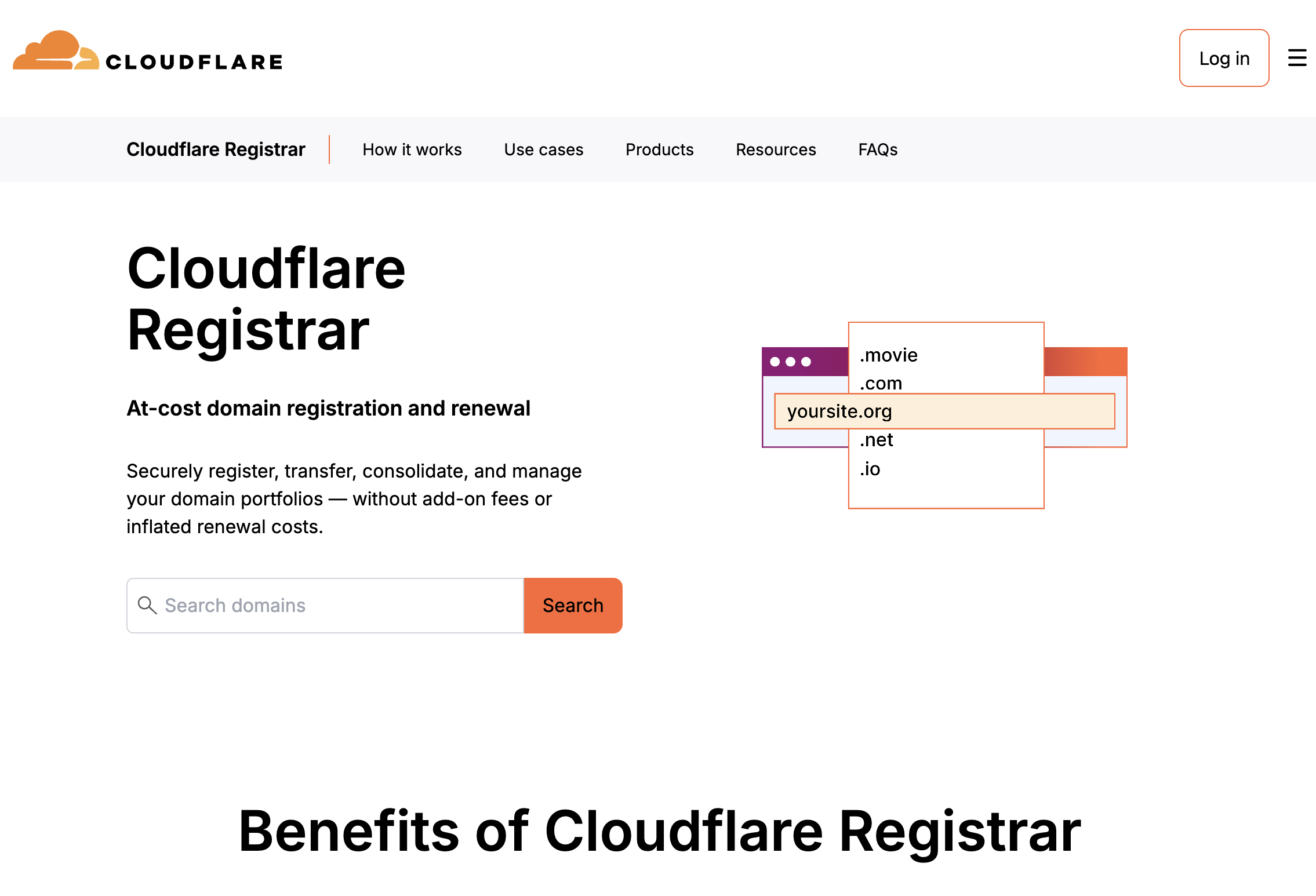 Cloudflare Registrar interface showing at-cost domain registration pricing