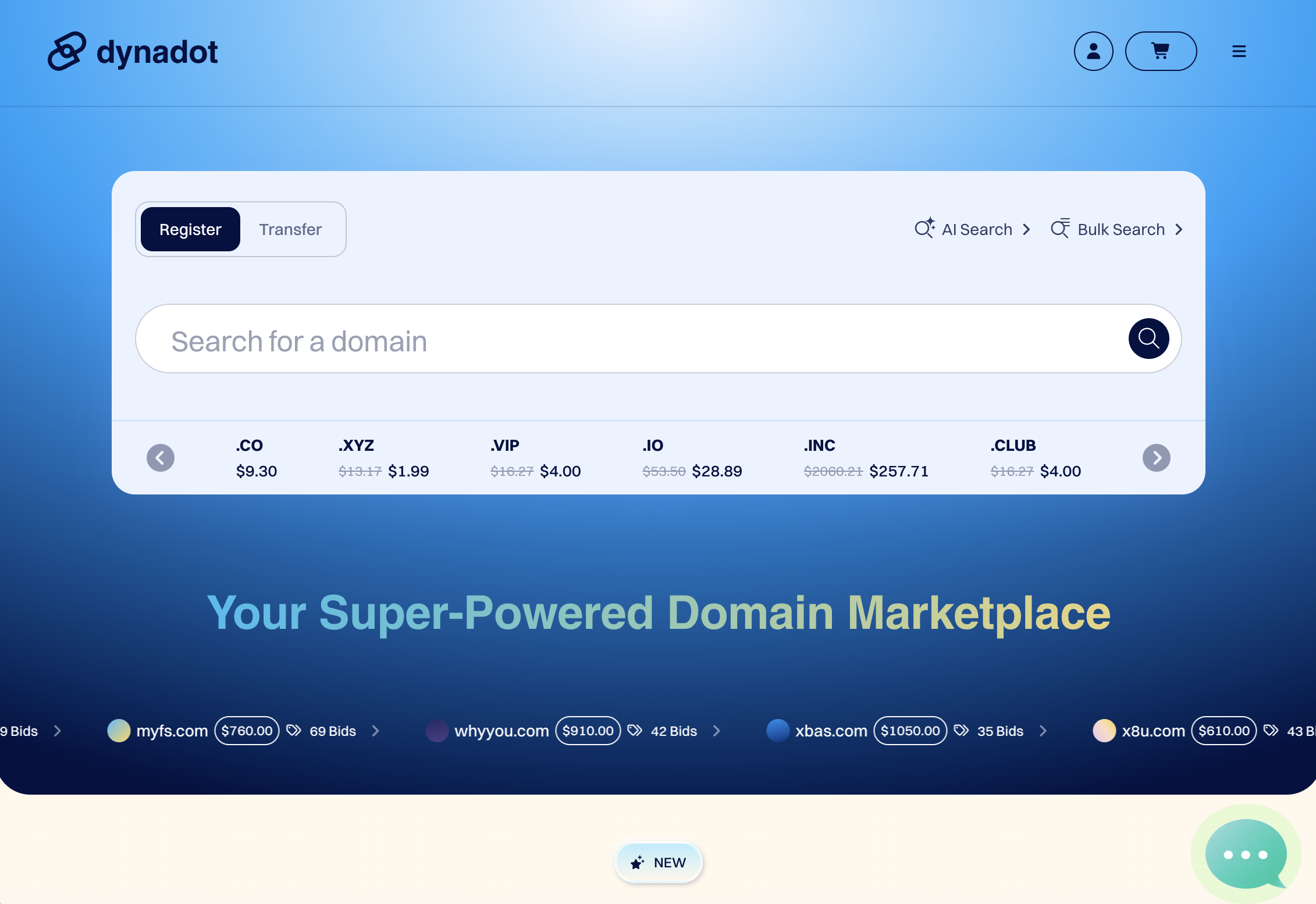 Dynadot domain registration interface with bulk search and marketplace tools