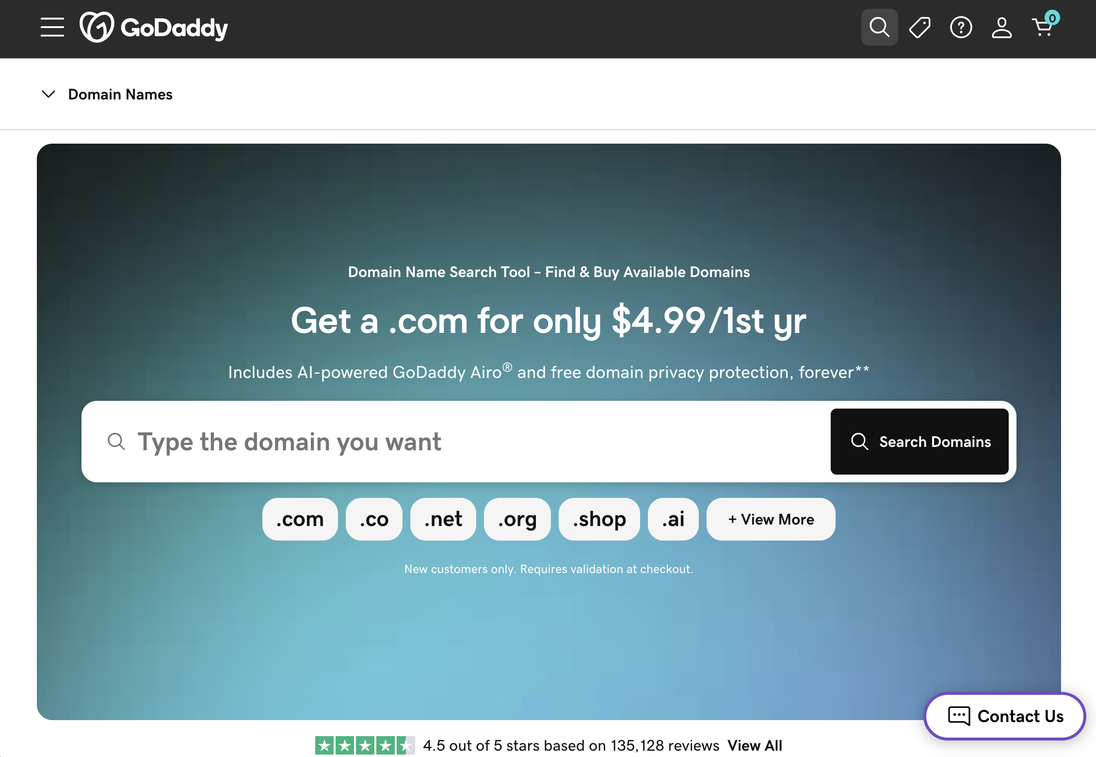 GoDaddy domain registration interface with bundled hosting, email, and website builder