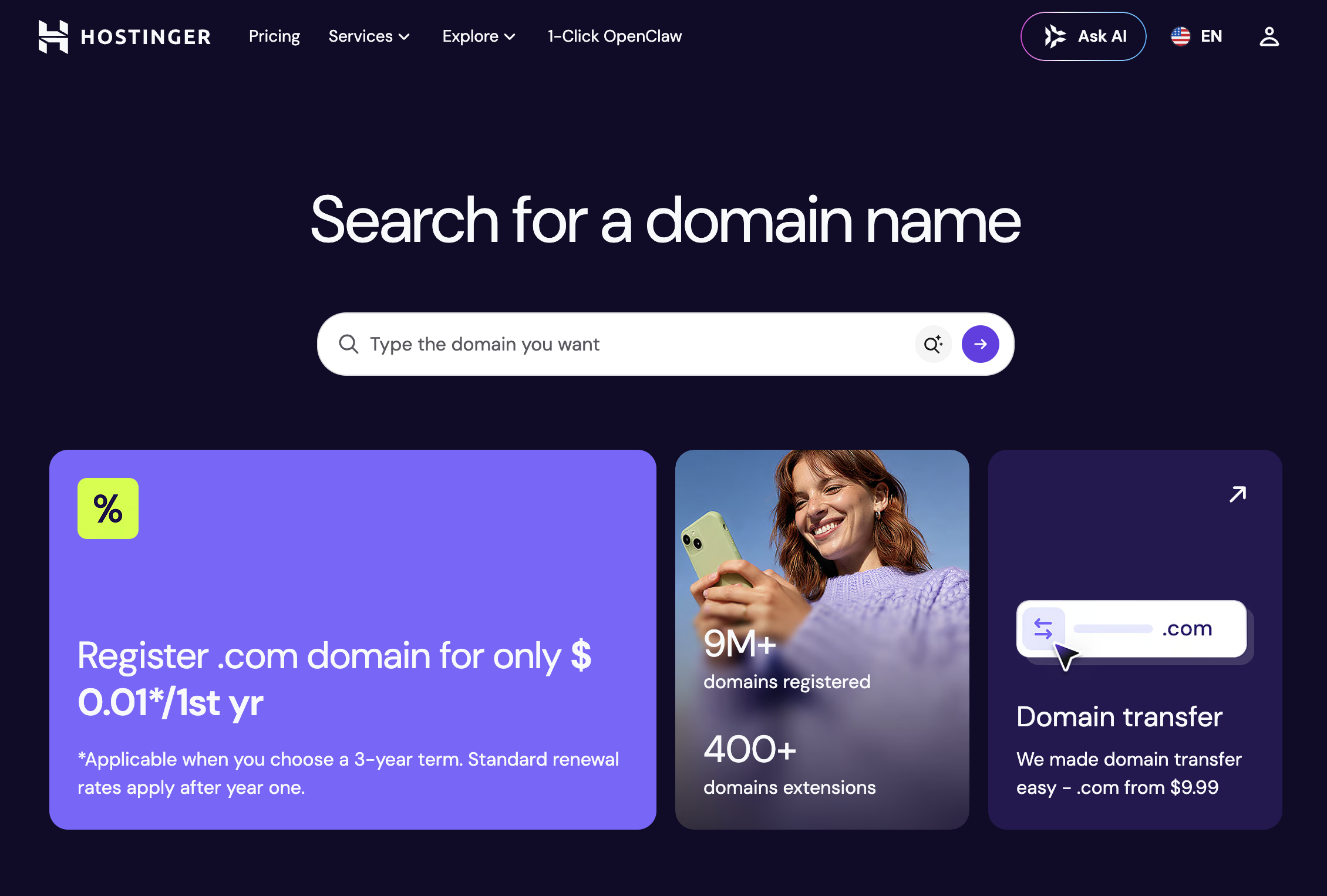 Hostinger domain registration interface bundled with affordable hosting plans