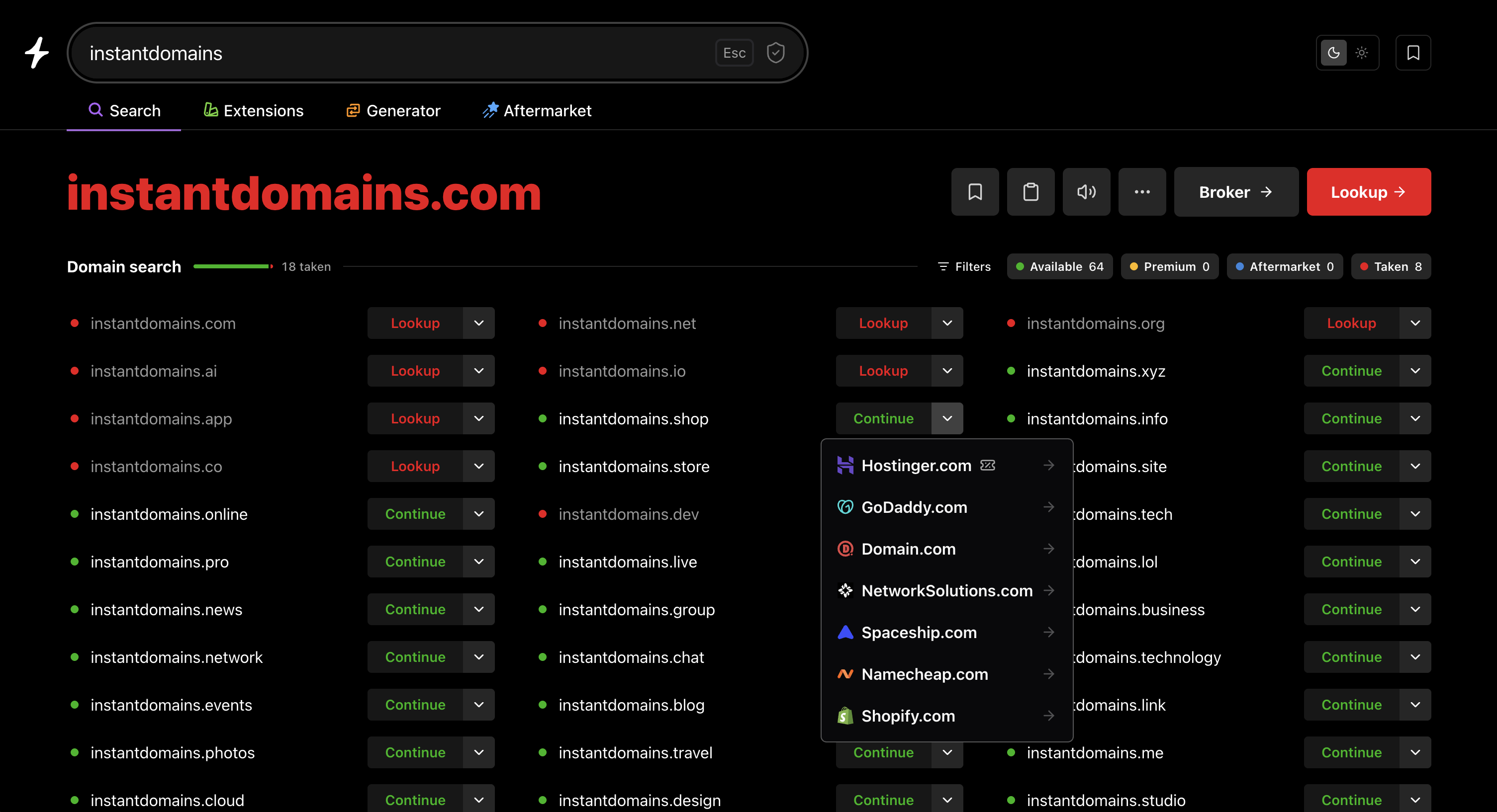 Instant Domain Search interface comparing real-time prices across multiple registrar partners for a single domain