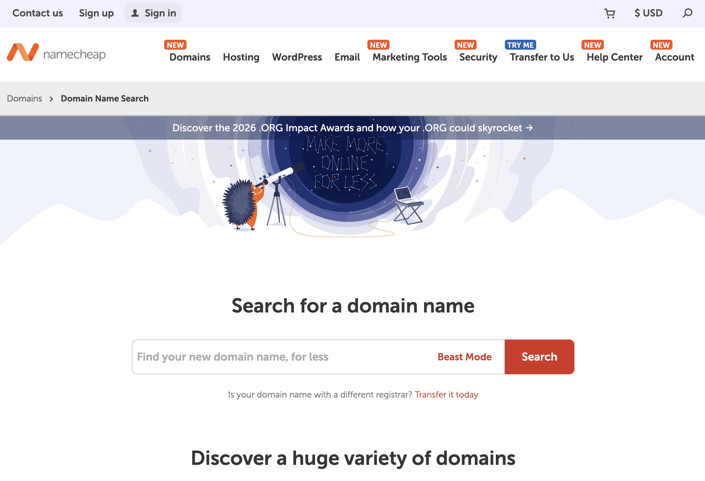 Namecheap domain registration interface with Beast Mode bulk search and broad TLD selection