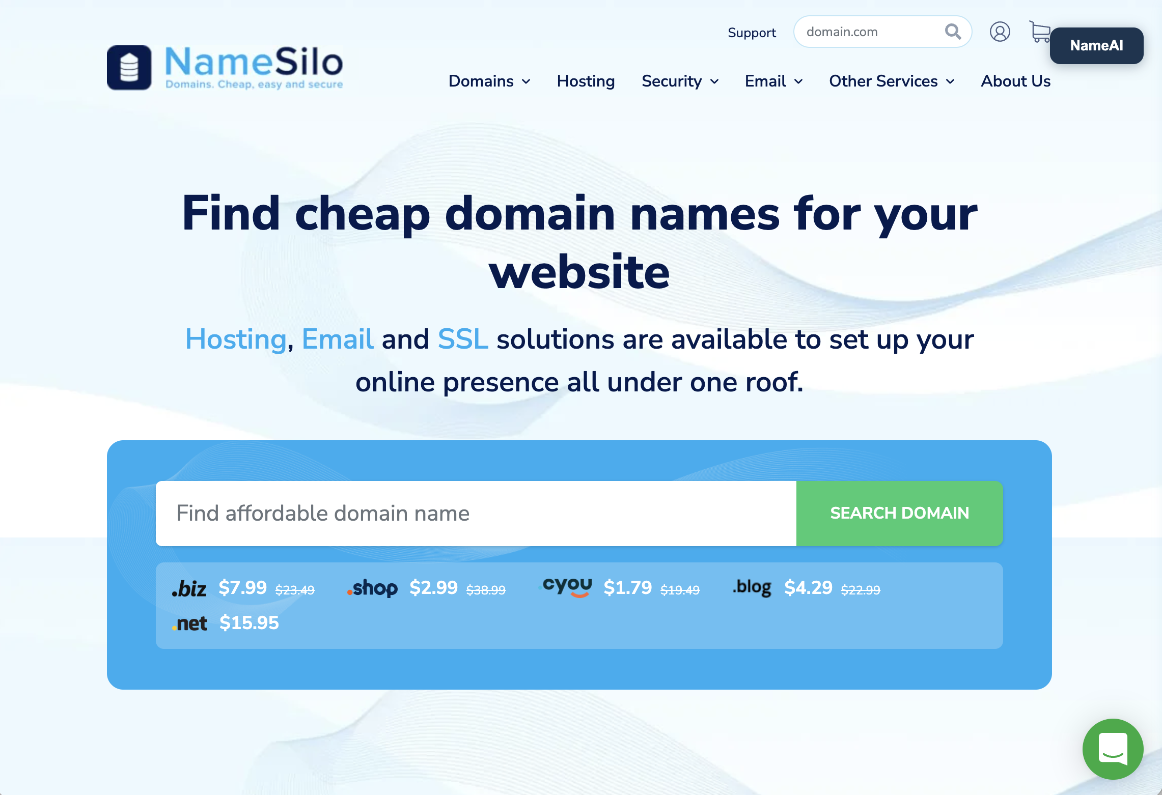 NameSilo domain registration interface with free WHOIS privacy and flat pricing
