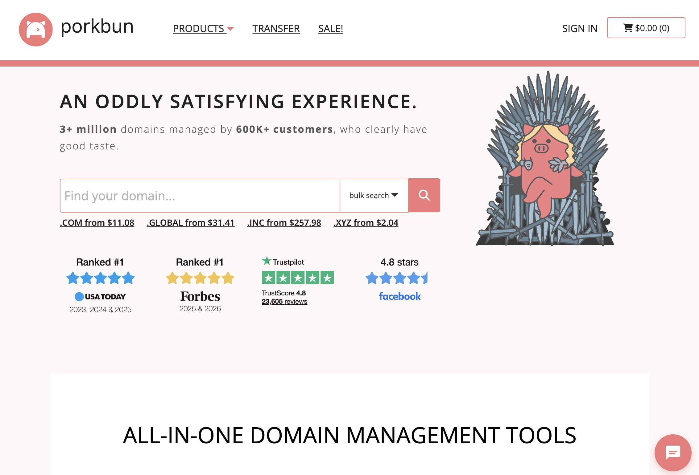 Porkbun domain registration interface with transparent flat pricing