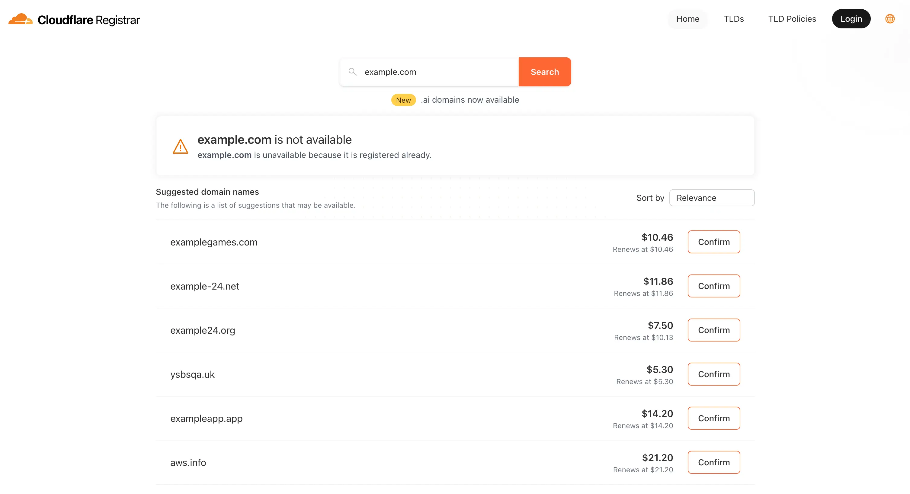 Cloudflare Registrar domain search interface showing domain availability results and at-cost pricing