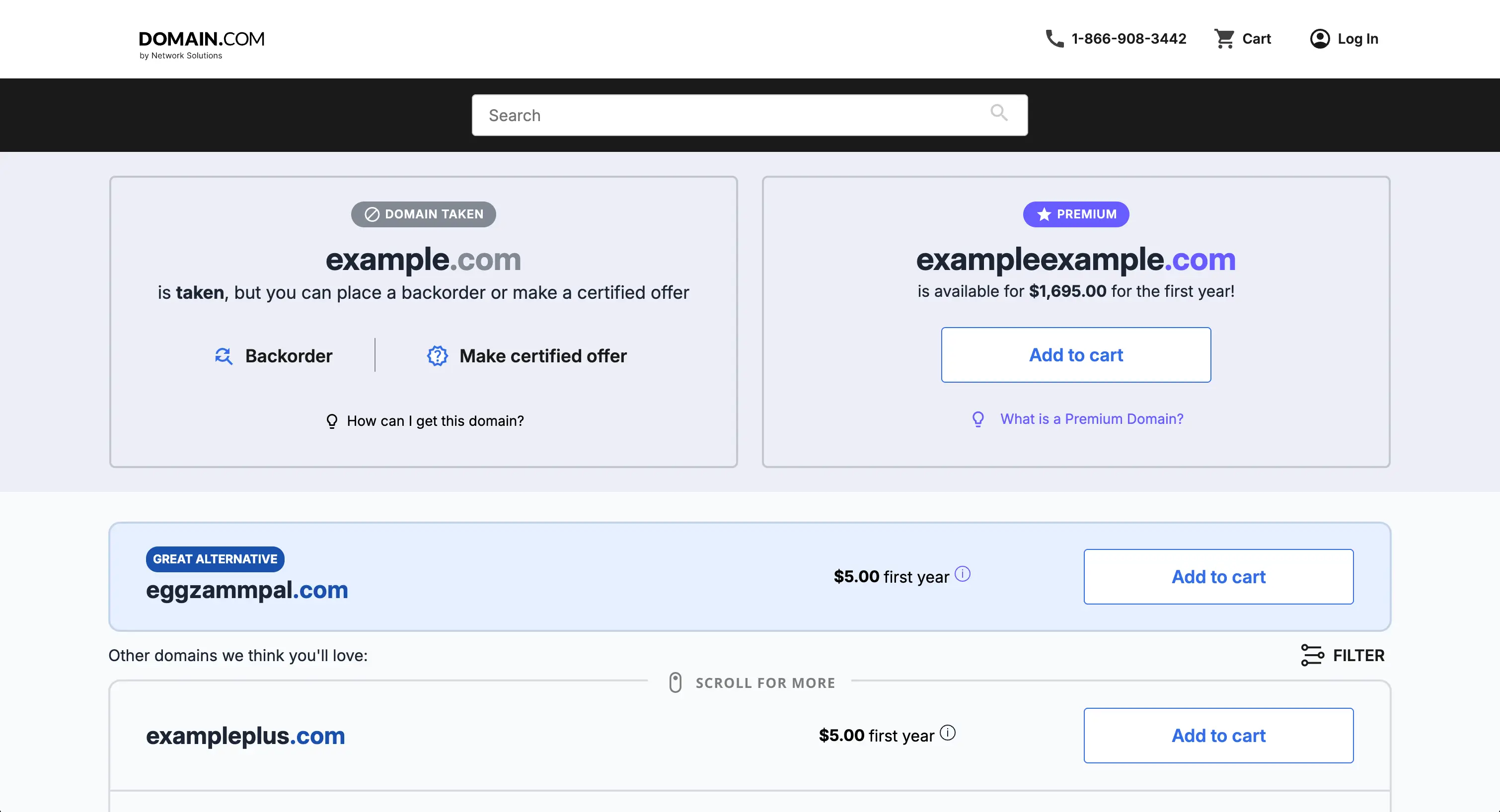 Domain.com search interface showing domain availability results with registration pricing and alternative suggestions